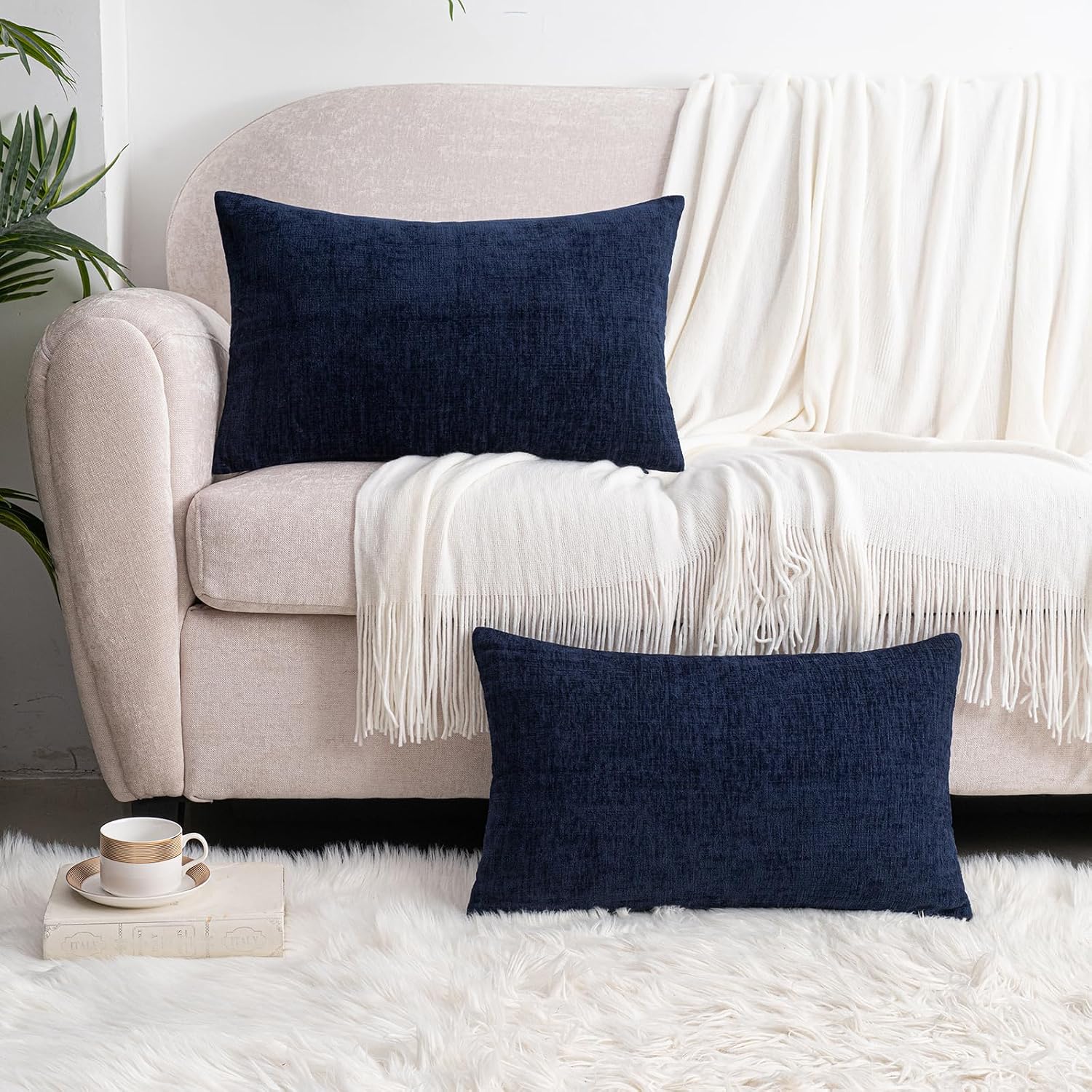 Hwy50 HWY 50 Navy Blue Lumbar Pillow Covers 12x20 Inch Pack of 2, Soft Chenille Decorative Throw Pillow Covers Farmhouse for Couch Sofa Liv…
