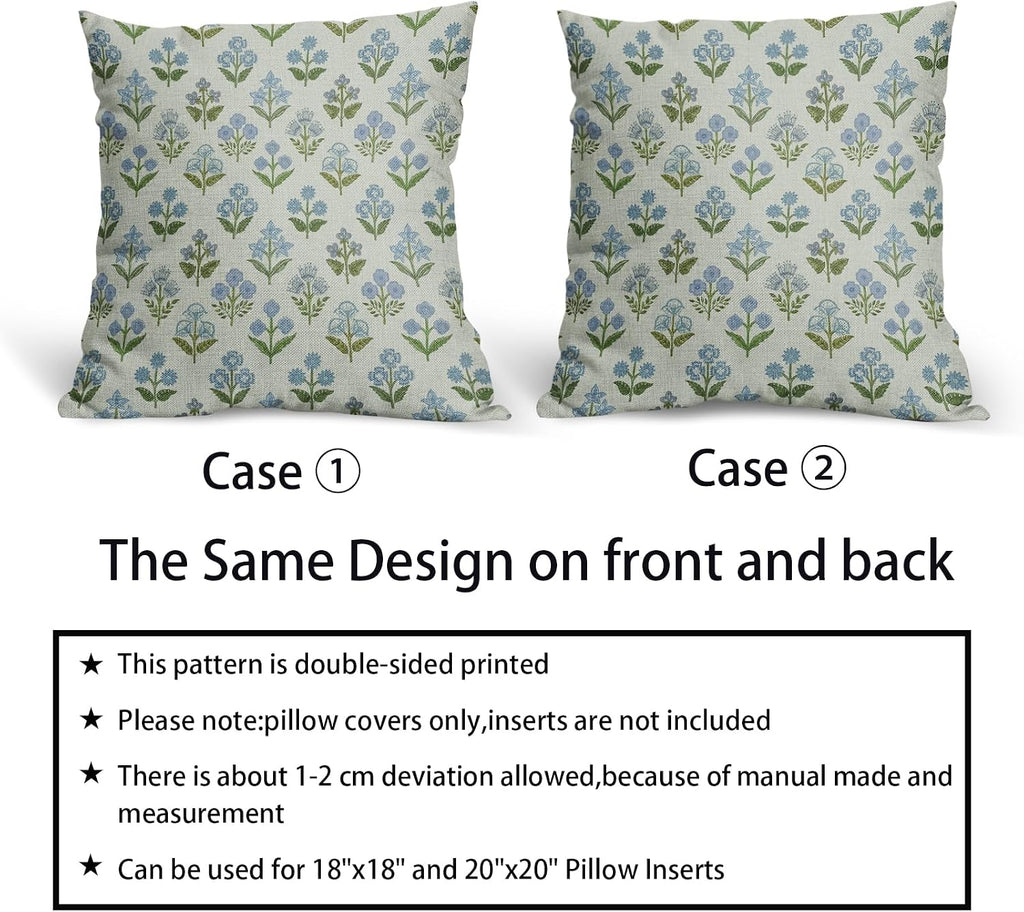 Blue Green Block Print Pillow Covers 24x24 Inch Set of 2, Vintage Floral Spring Decorative Throw Pillow Cases Boho Cushion Covers Rustic…