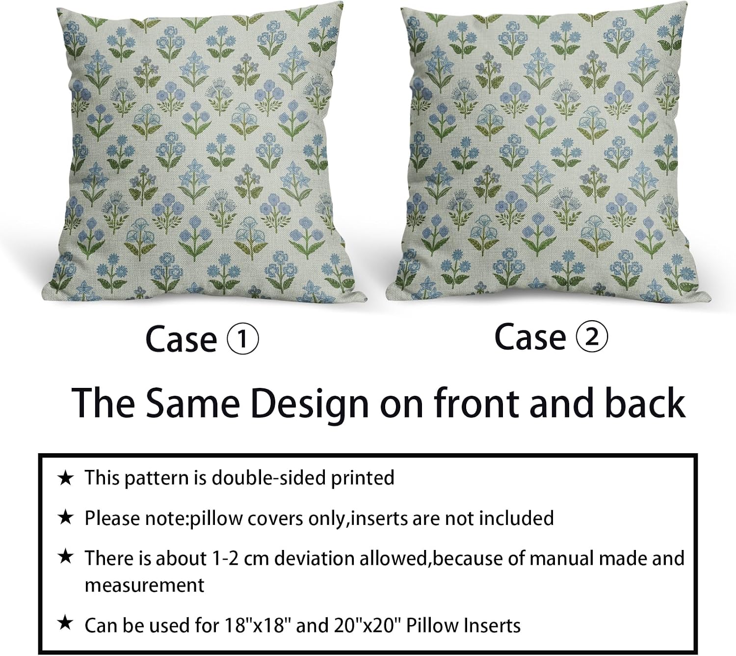 Blue Green Block Print Pillow Covers 24x24 Inch Set of 2, Vintage Floral Spring Decorative Throw Pillow Cases Boho Cushion Covers Rustic…