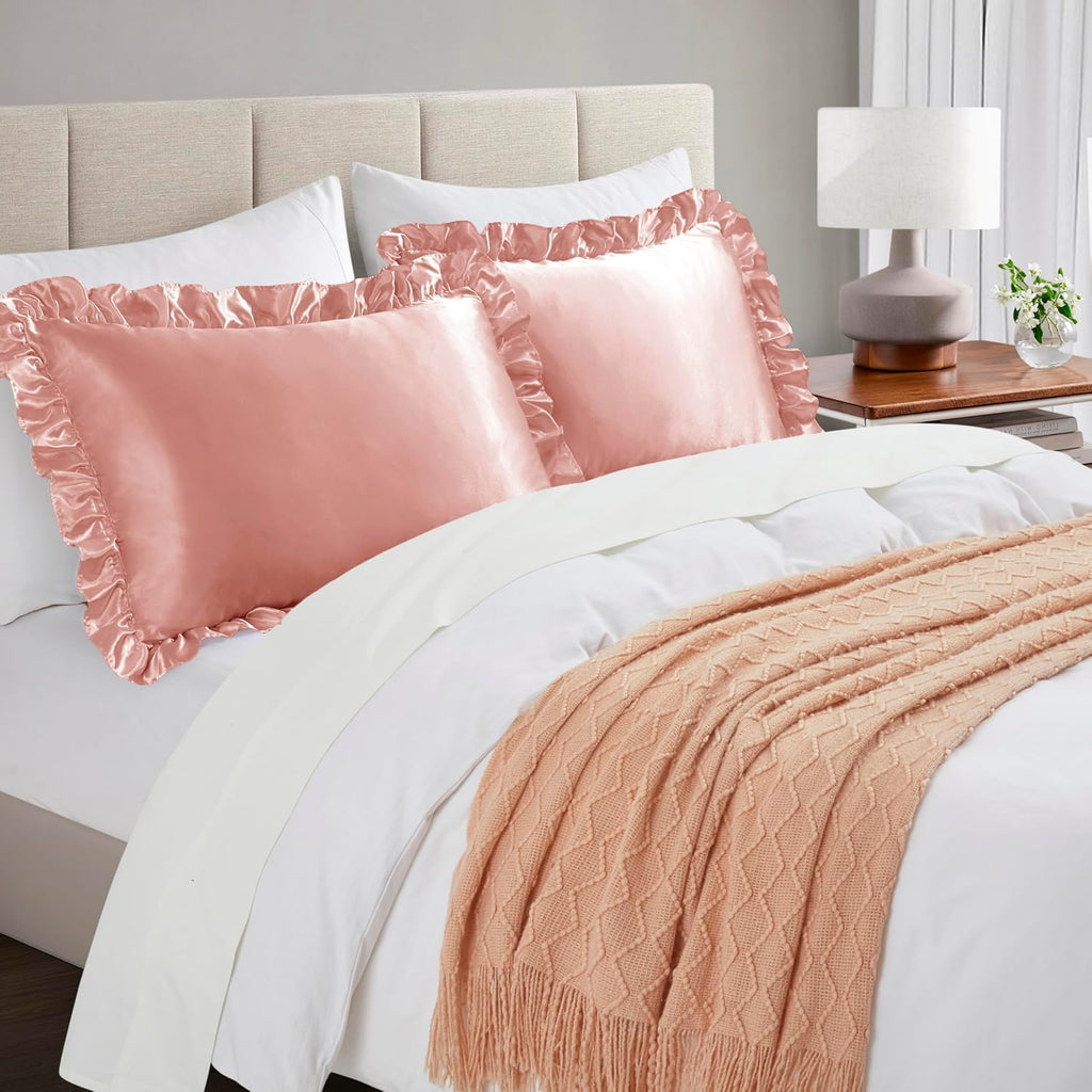 HommxJF Silky Satin Ruffled Pillow Cases for Hair and Skin, Rose Gold Silk Pillowcases Standard Set of 2 with Envelope Closure Princess Room…