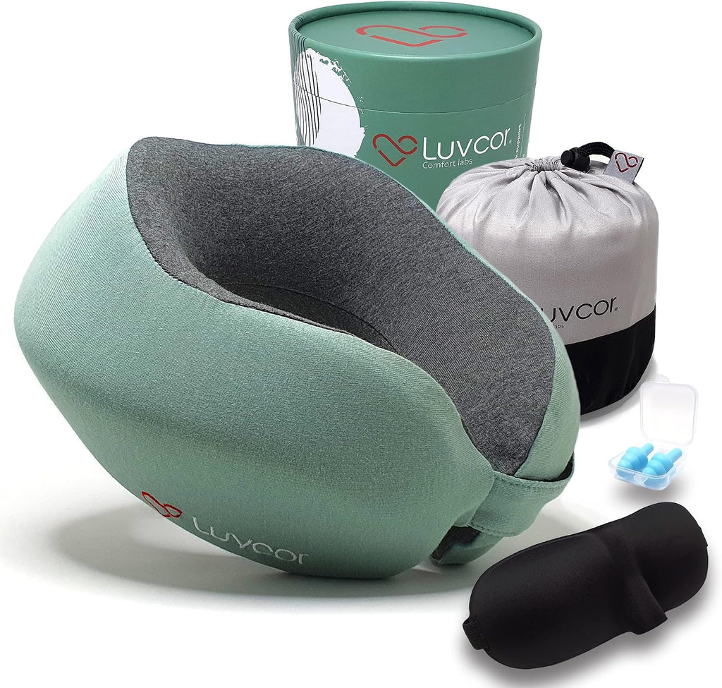 Premium Quality Memory Foam Travel Neck Pillow Bundle - Best Ergonomic Pillow for Airplane Travel, car Ride, Sleeping. Comes with Eye…