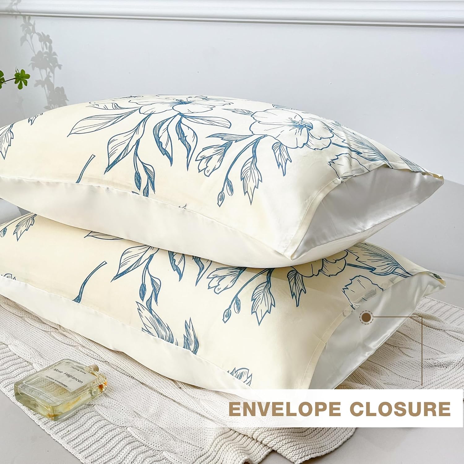 MANSPHIL Blue Floral Silk Pillow Cases Queen Size - Printed 22 Momme Mulberry Silk Top with Satin Underside Pillowcase for Hair and Skin…