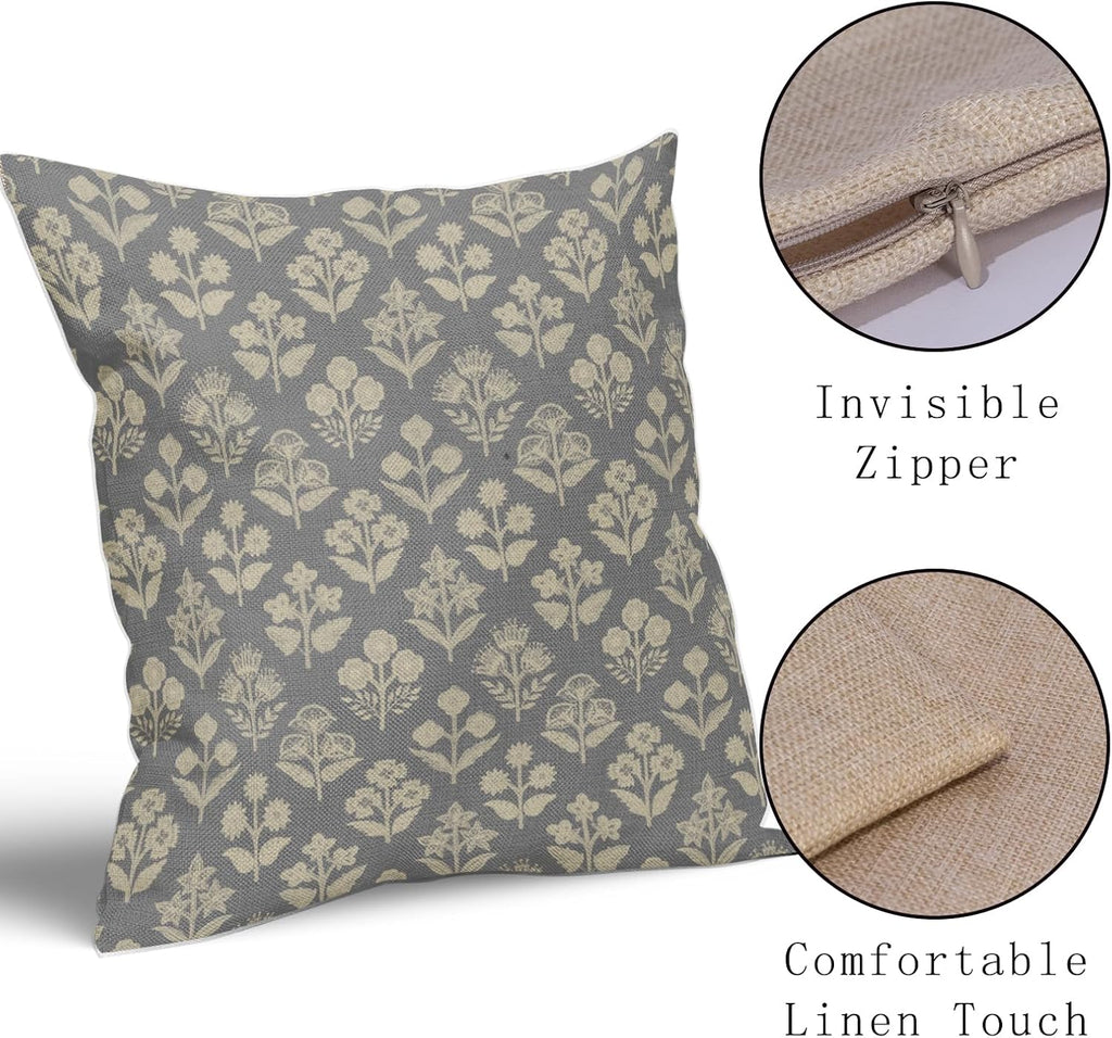 Grey Gray Floral Block Print Pillow Covers 20x20 Inch Set of 2, Vintage Flower Pattern Decorative Throw Pillowcases Outdoor Farmhouse…
