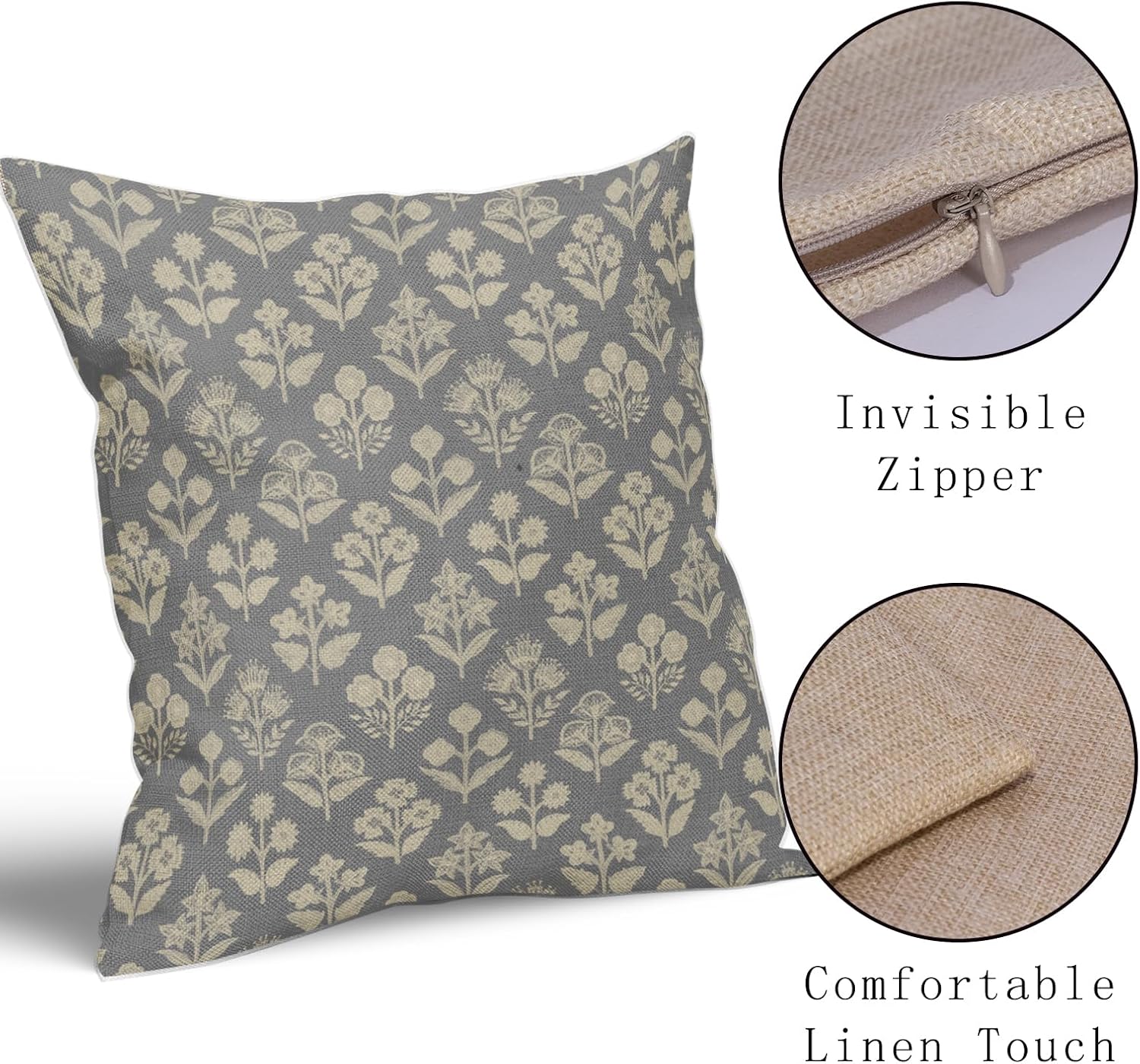 Grey Gray Floral Block Print Pillow Covers 20x20 Inch Set of 2, Vintage Flower Pattern Decorative Throw Pillowcases Outdoor Farmhouse…