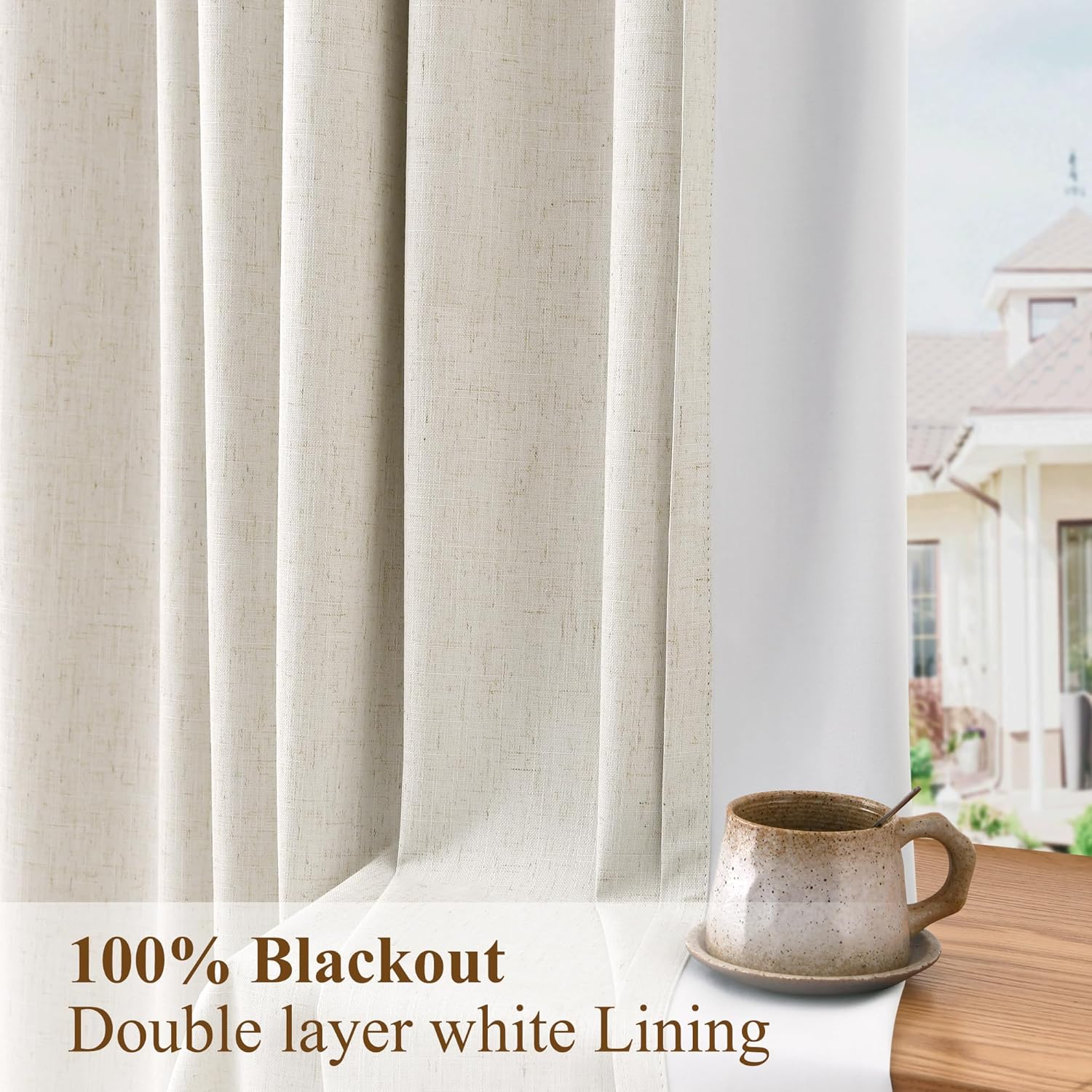 Boodii Natural Cream 100% Blackout Linen Pinch Pleated Curtains 60 Inches Long Light Blocking for Kitchen Window Back Tab Boho Memory Train…