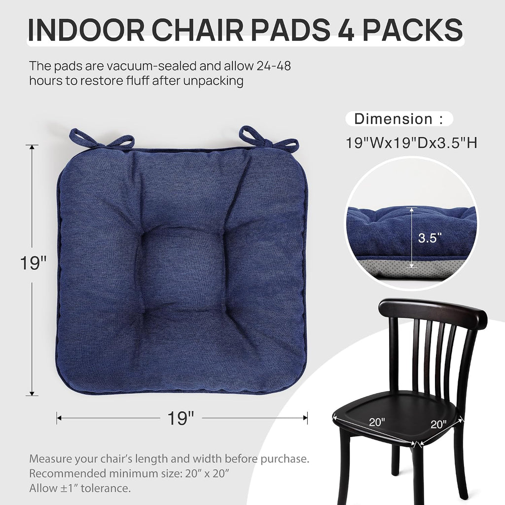 Love's cabin Memory Foam Chair Cushions Set of 4, 19"x19"x3.5" Indoor & Outdoor Seat Pads for Dining, Kitchen, Office, Patio Chairs - Navy