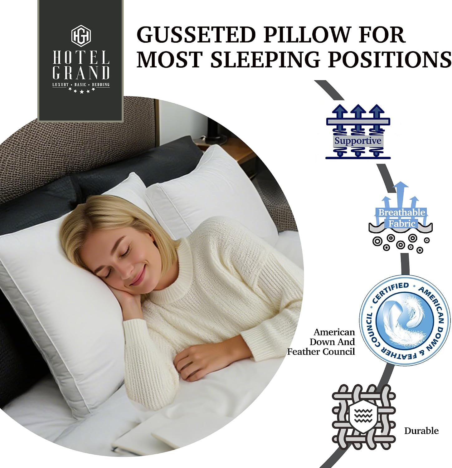 HotelGrand Hotel Grand Luxury Goose Feather & Down Fiber Pillows King Size Set of 2, Firm Support Gusseted Design, 100% Cotton Cover, No-Fl…
