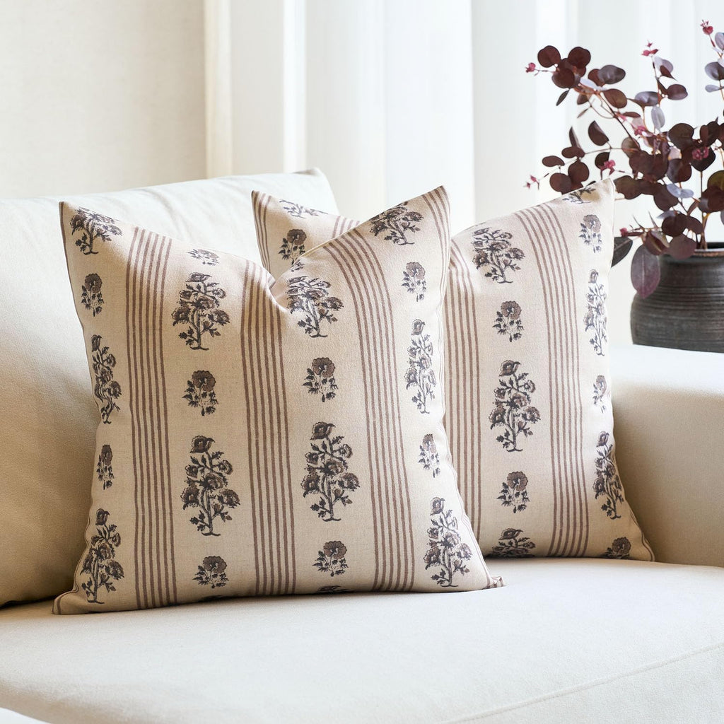 AffordableFloralPrintMaker Amor Virisso Floral Throw Pillow Covers 24x24 Set of 2 Block Print Pillow Covers Neutral Floral Striped Farmhous…