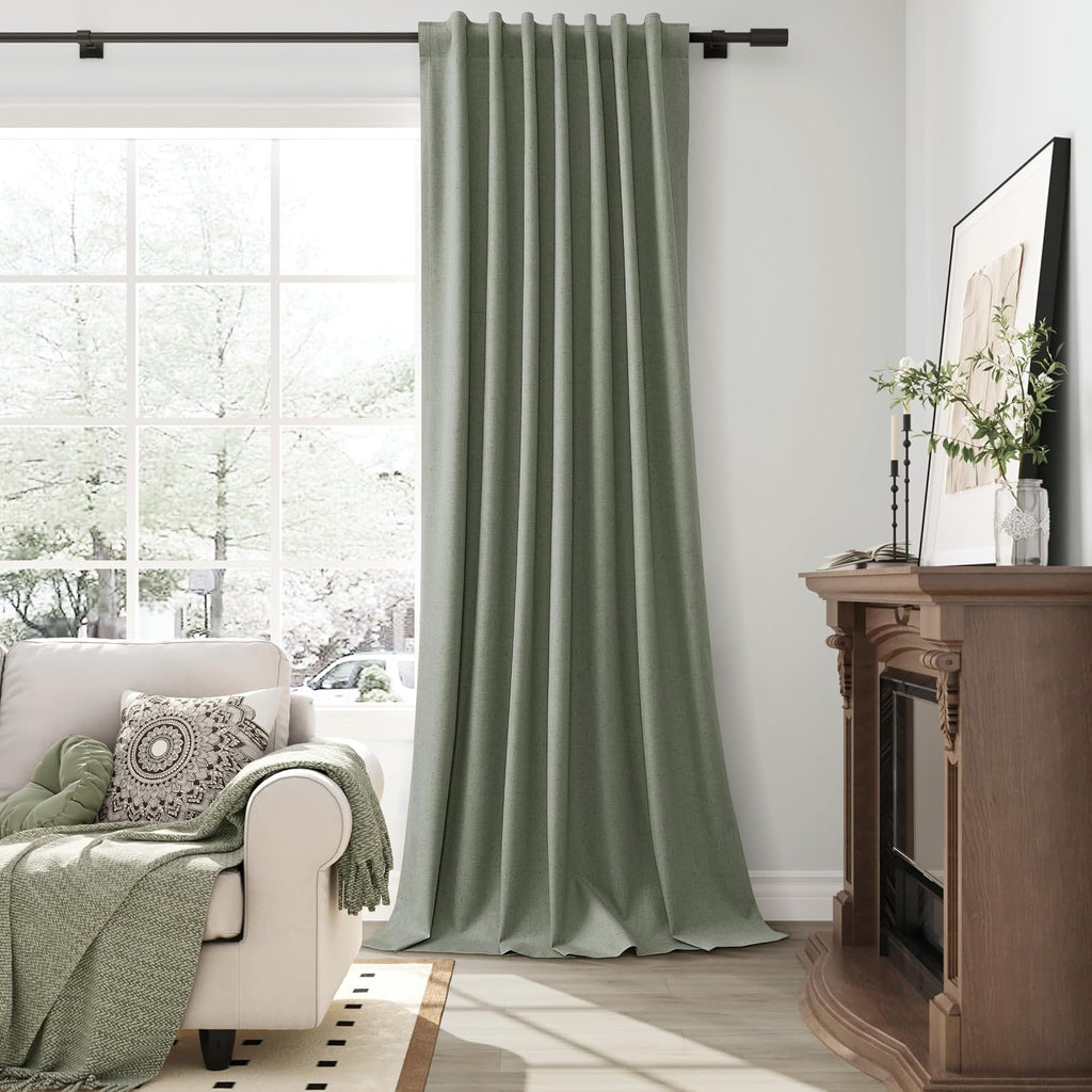Guken Sage Green Linen 100% Blackout Curtains 90 Inches Long for Bedroom Back Tab Elegant Country Farmhouse Black Out Room Darkening Therma…