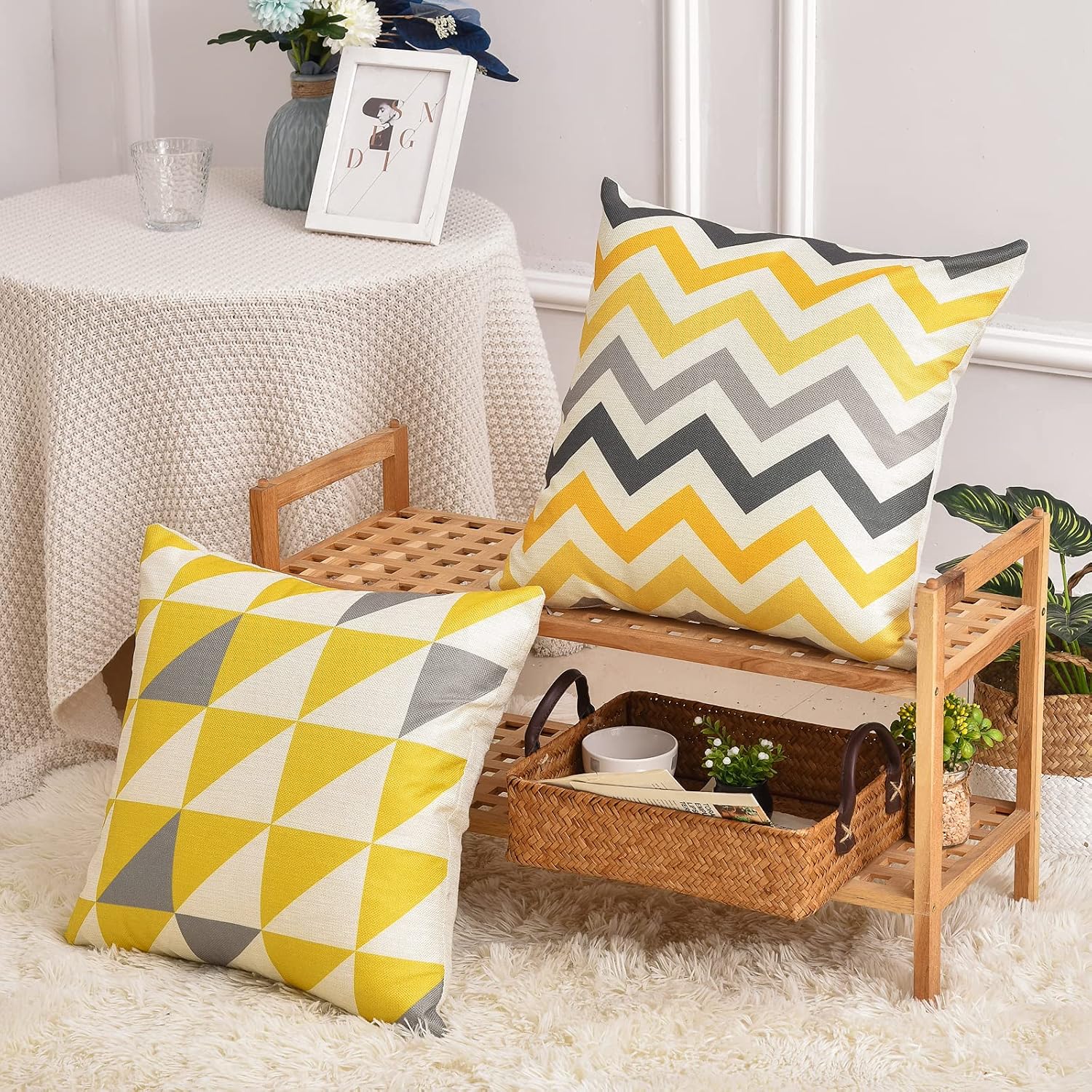 Tosewever Set of 4 Decorative Geometric Yellow Grey 18 x 18 Inches Throw Pillow Covers - Modern Pattern Linen Square Pillow Cushion Case fo…