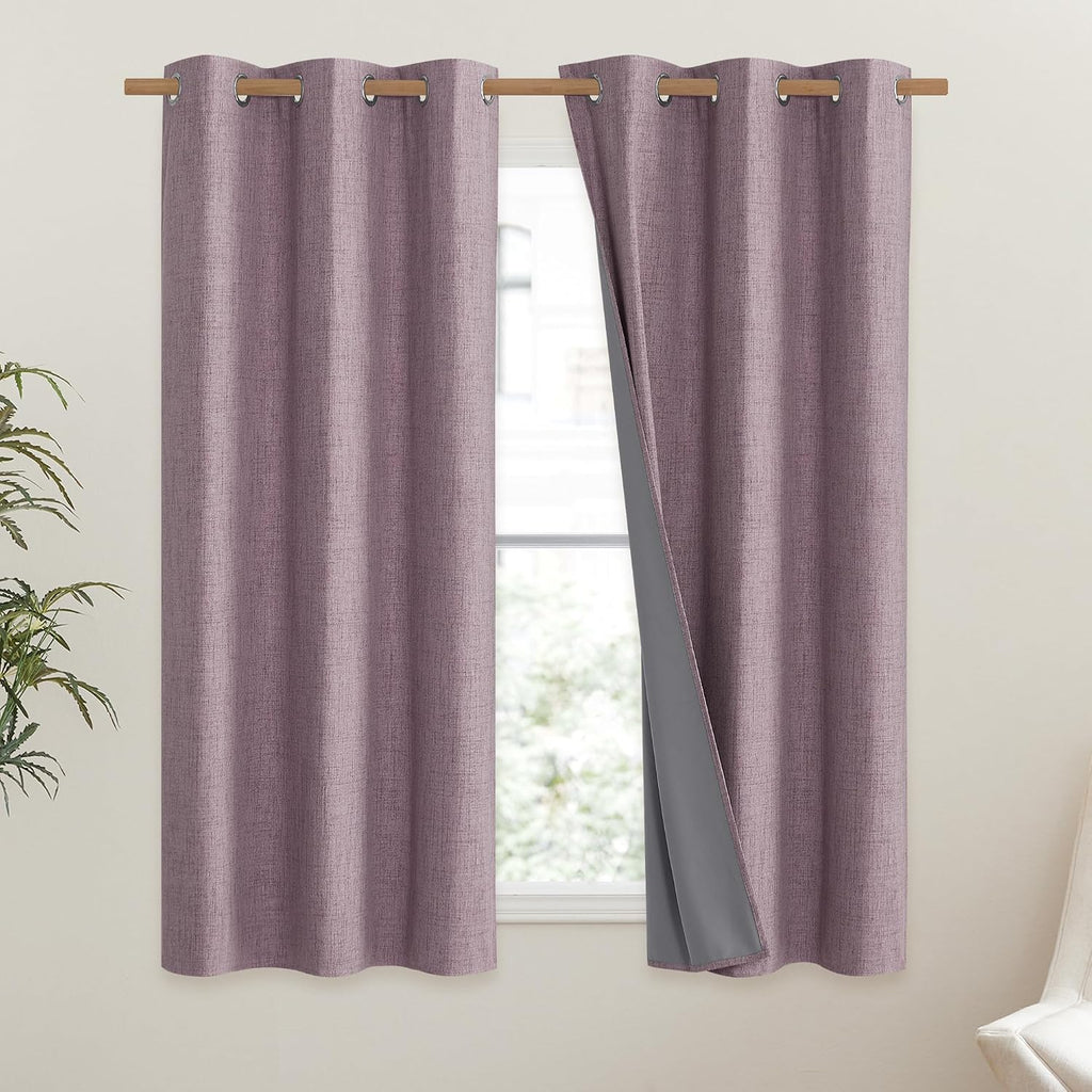 NICETOWN Chaise Mauve Vintage Linen 100% Blackout Curtains for Classroom, Thermal Insulated Curtains 63" Long, Noise Reducing Window…