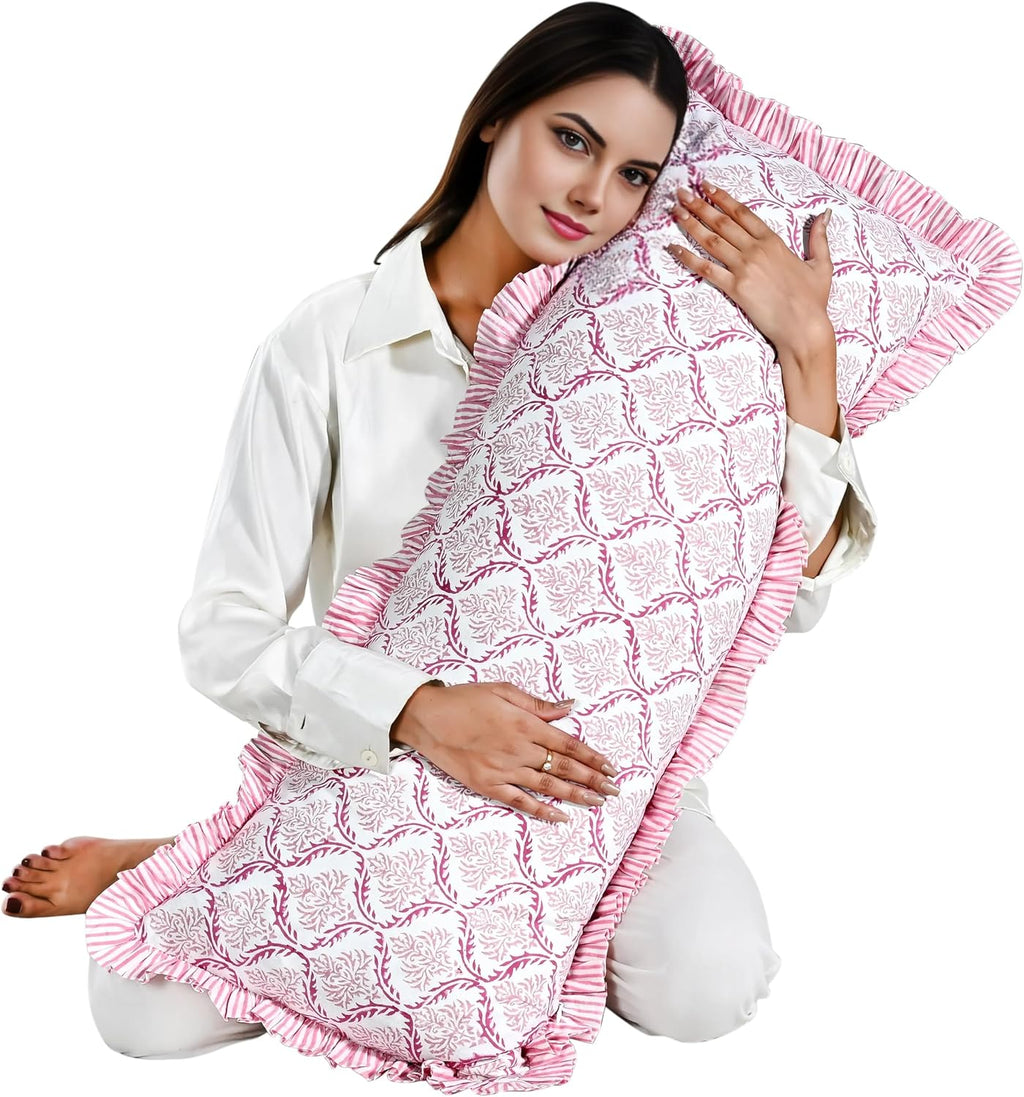 Cottonprintclub CPC Hand Block Print Blush Rose Ruffle Sham Pillow Cover 36" x 14" inch Hidden Zipper Decorative Pillowcase for Couch, Bed,…