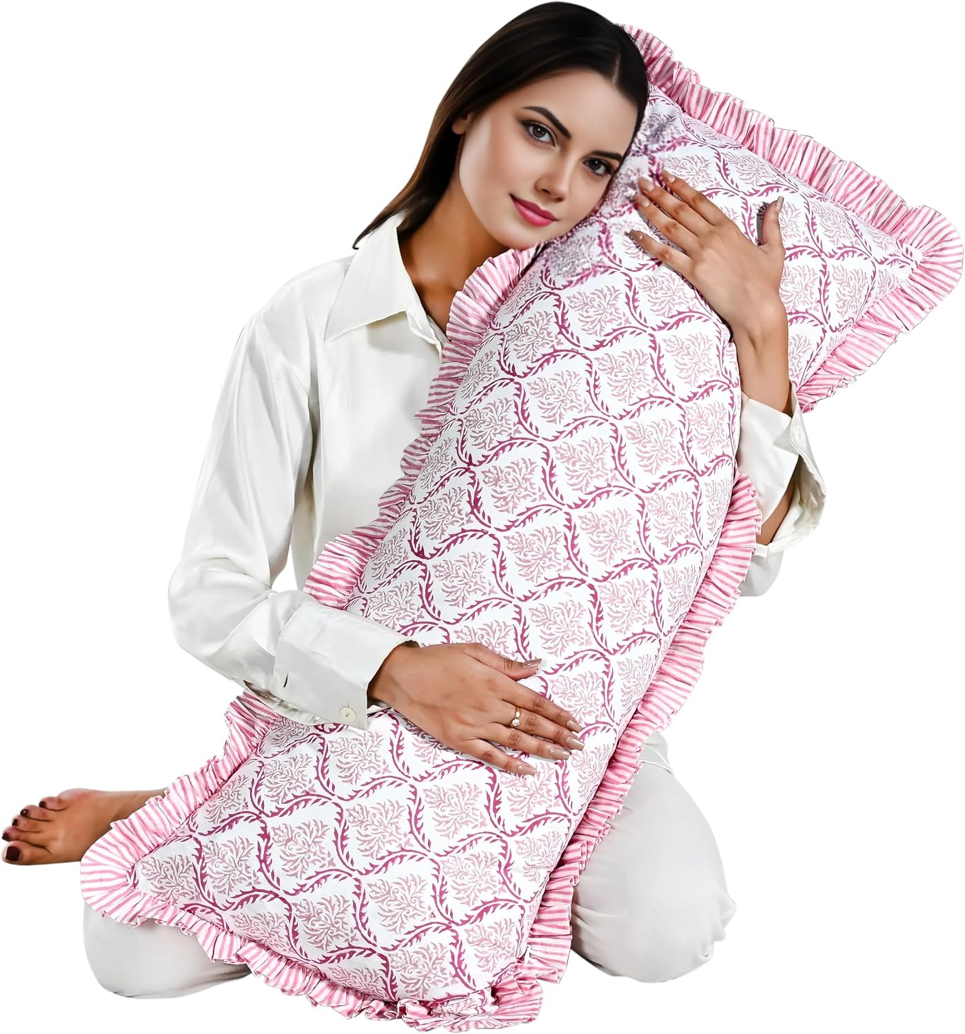 Cottonprintclub CPC Hand Block Print Blush Rose Ruffle Sham Pillow Cover 36" x 14" inch Hidden Zipper Decorative Pillowcase for Couch, Bed,…