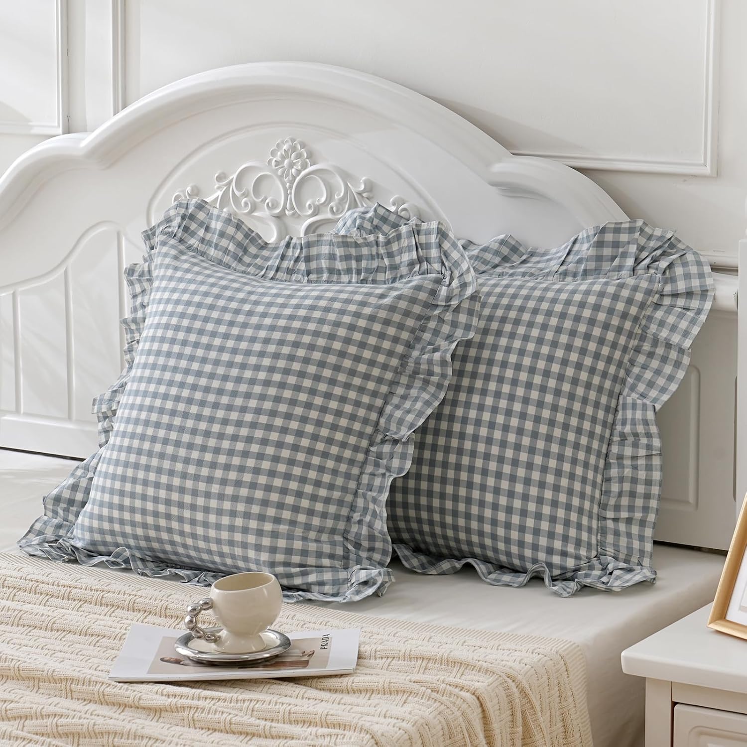 Qilunn Blue White Plaid Euro Pillow Shams Ruffle Pillowcases Set of 2, Shabby Checkered Washed Cotton Pillow Covers-26 x26, Blue/White Plaid…
