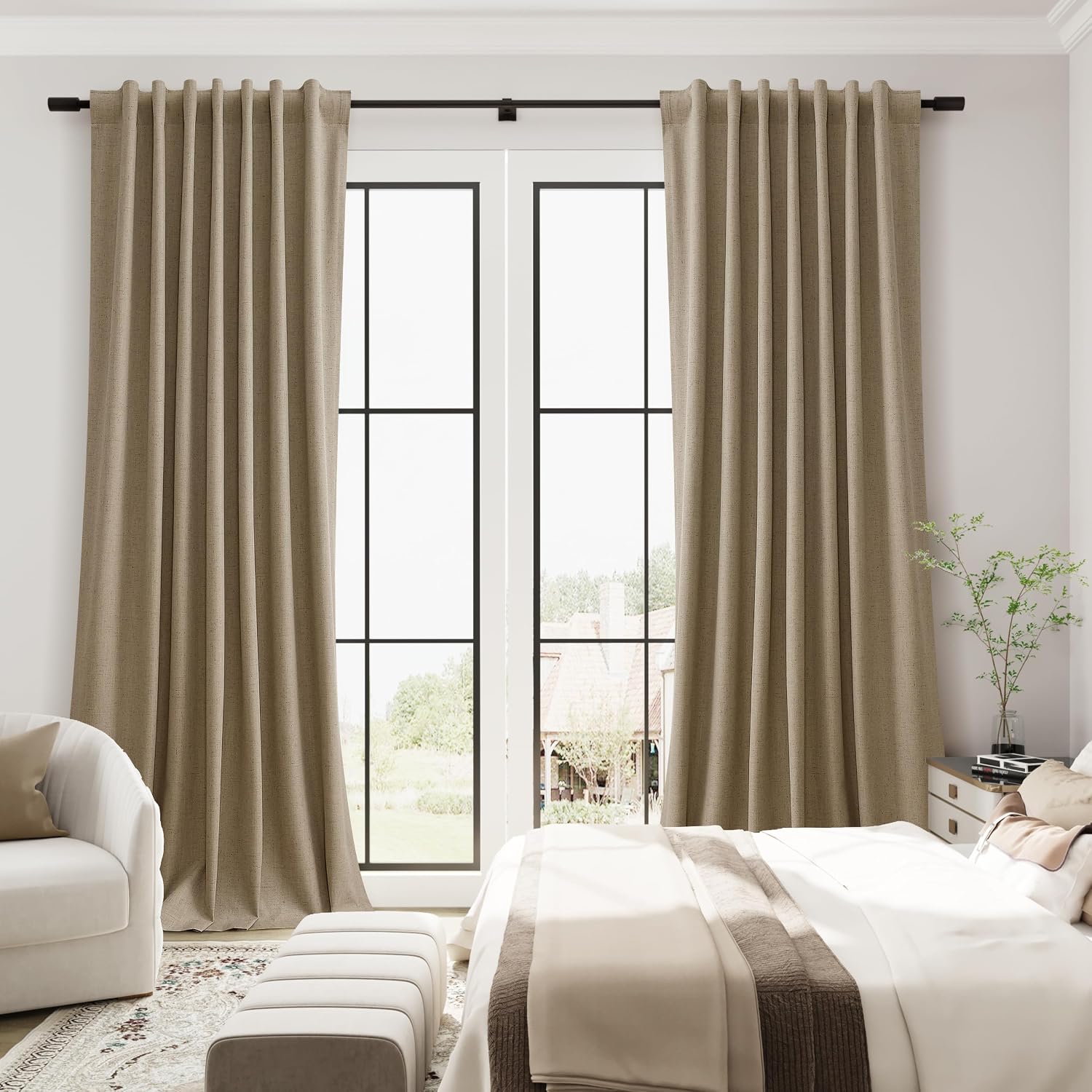Guken Khaki Linen 100% Blackout Curtains for Bedroom 84 Inches Long 2 Panels Set Natural Linen Room Darkening Thermal Insulated Black Out B…