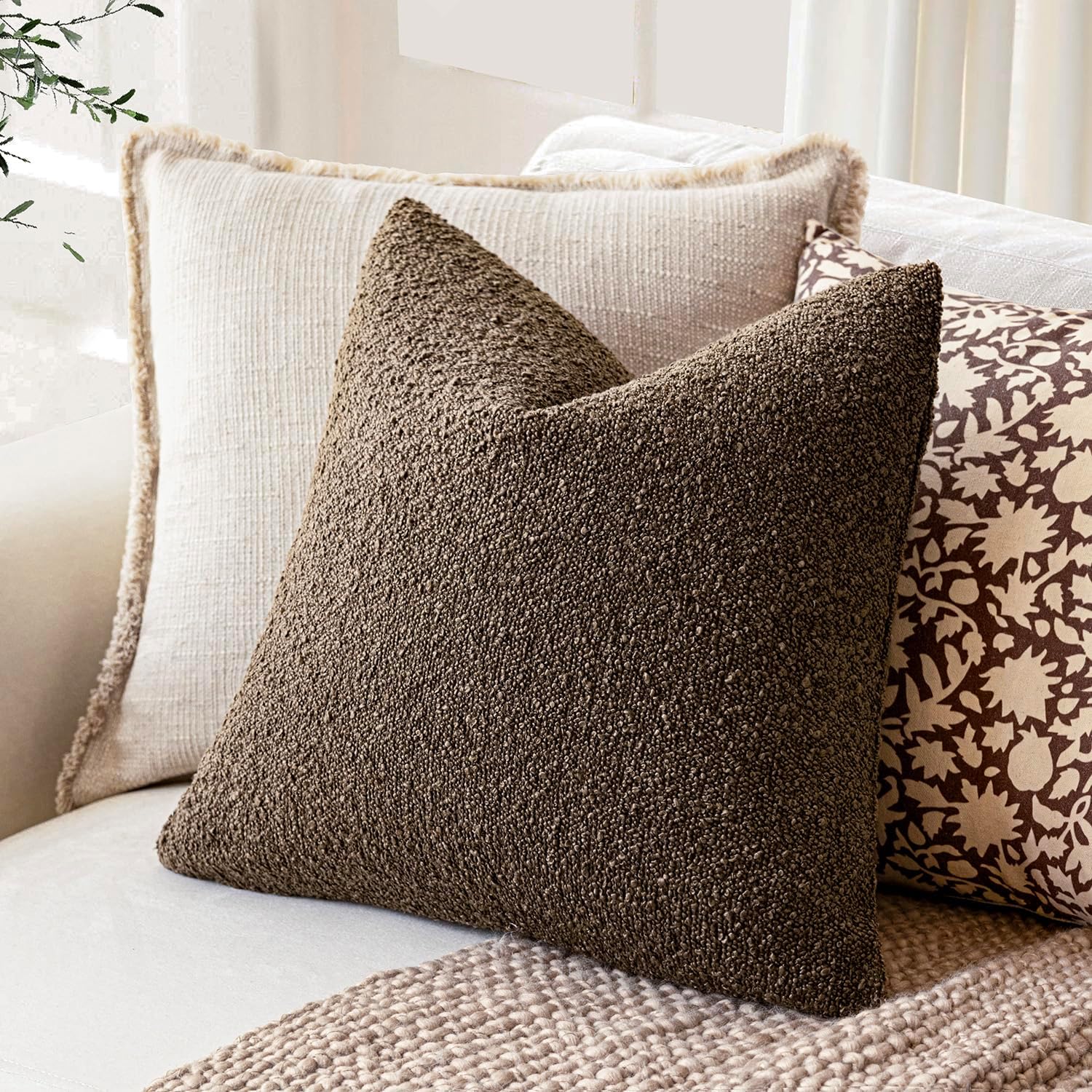 Foindtower Decorative Textured Boucle Throw Pillow Covers Accent Solid Pillow Cases Neutral Soft Cozy Couch Cushion Case for Chair Sofa…