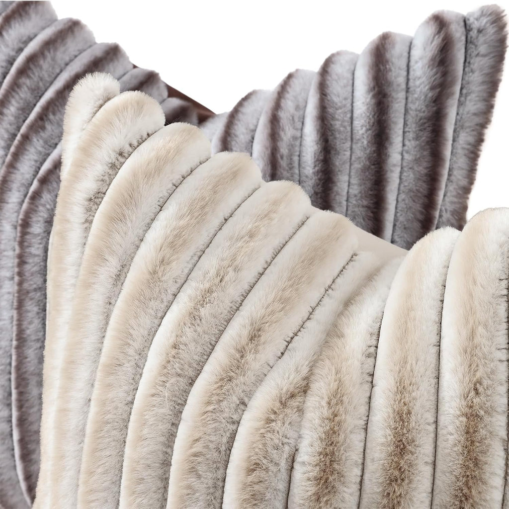 decorUhome Cozy Faux Fur Throw Pillow Covers 26x26 Set of 2 Decorative Soft Plush Striped Modern Farmhouse Boho Couch Euro Sham Pillow Case…