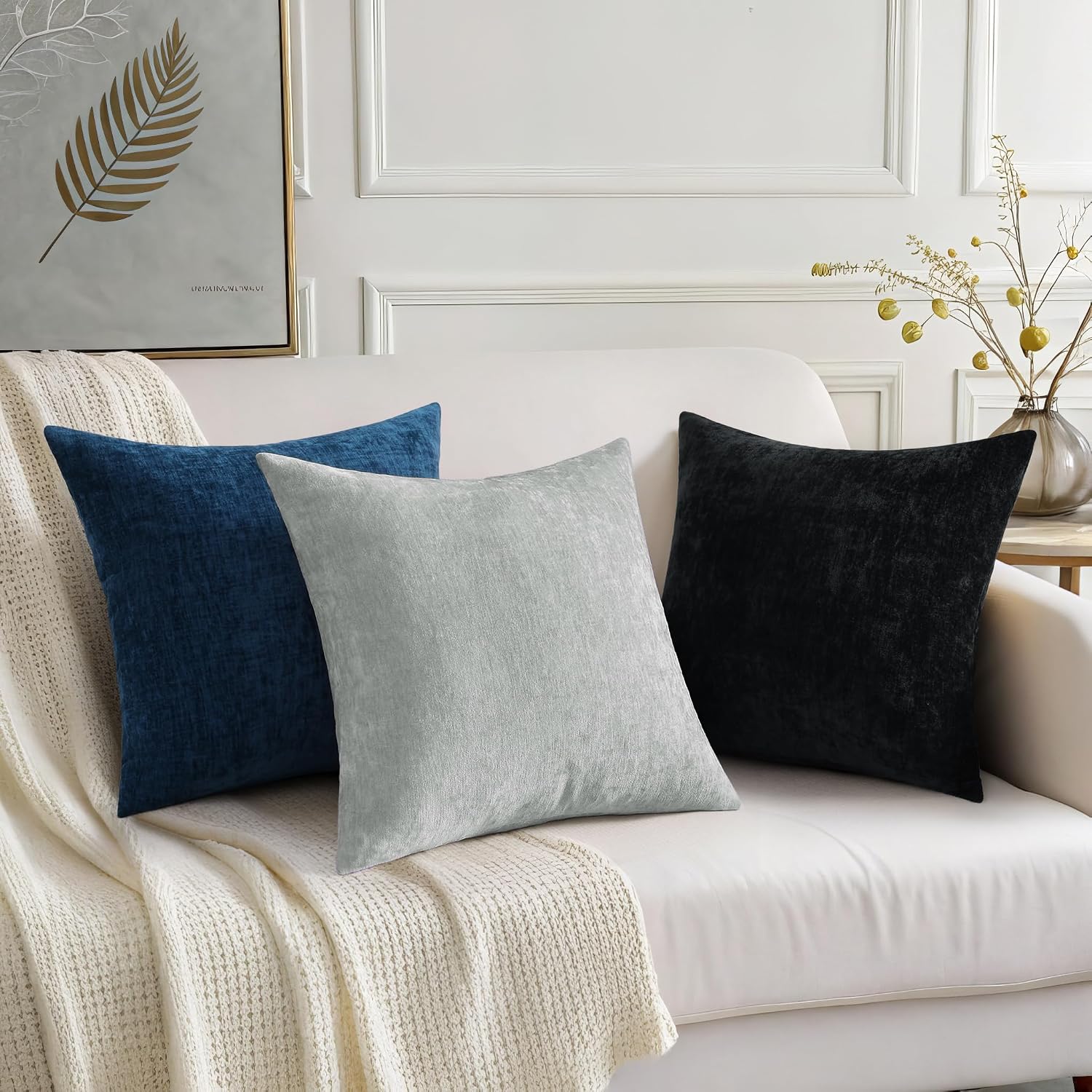 decorUhome Chenille Grey Throw Pillow Covers 18x18 Inch Set of 2, Decorative Soft Couch Pillow Covers Solid Dyed Accent Farmhouse Neutral S…