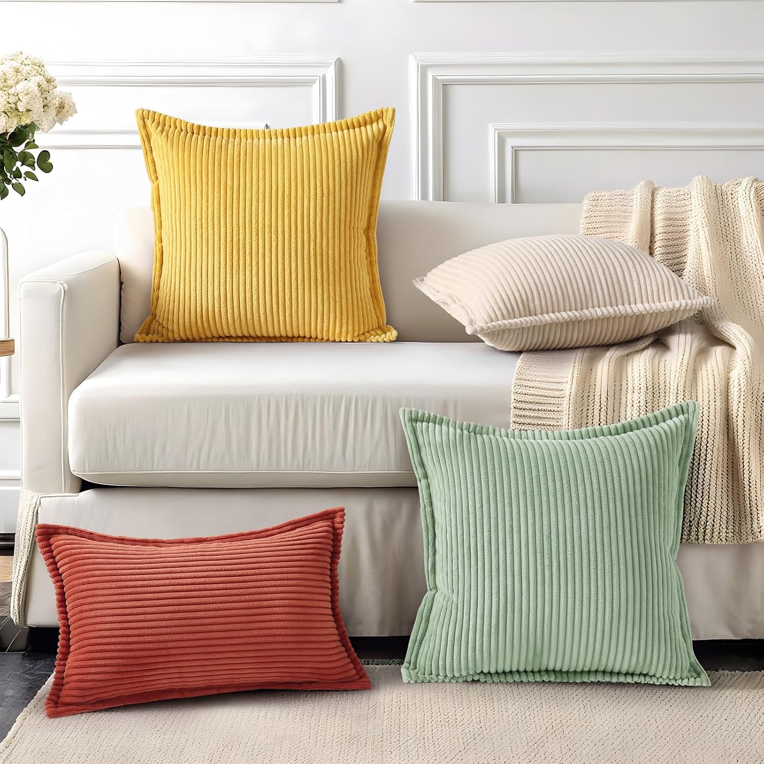 Mecatny Corduroy Summer Throw Pillow Covers 22x22 Set of 2, Neutral Decorative Soft Boho Couch Pillow Covers with Broadside for Sofa…