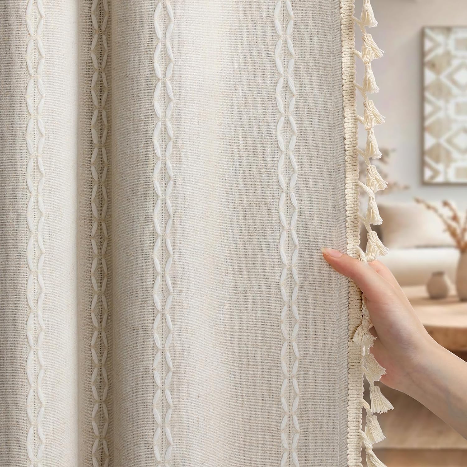 XOGUIBO Boho 80% Blackout Curtains with Gray Liner 84 Inches Long 2 Panels Set, Beige Linen Blend Drapes with Tassels and Cotton Emb…