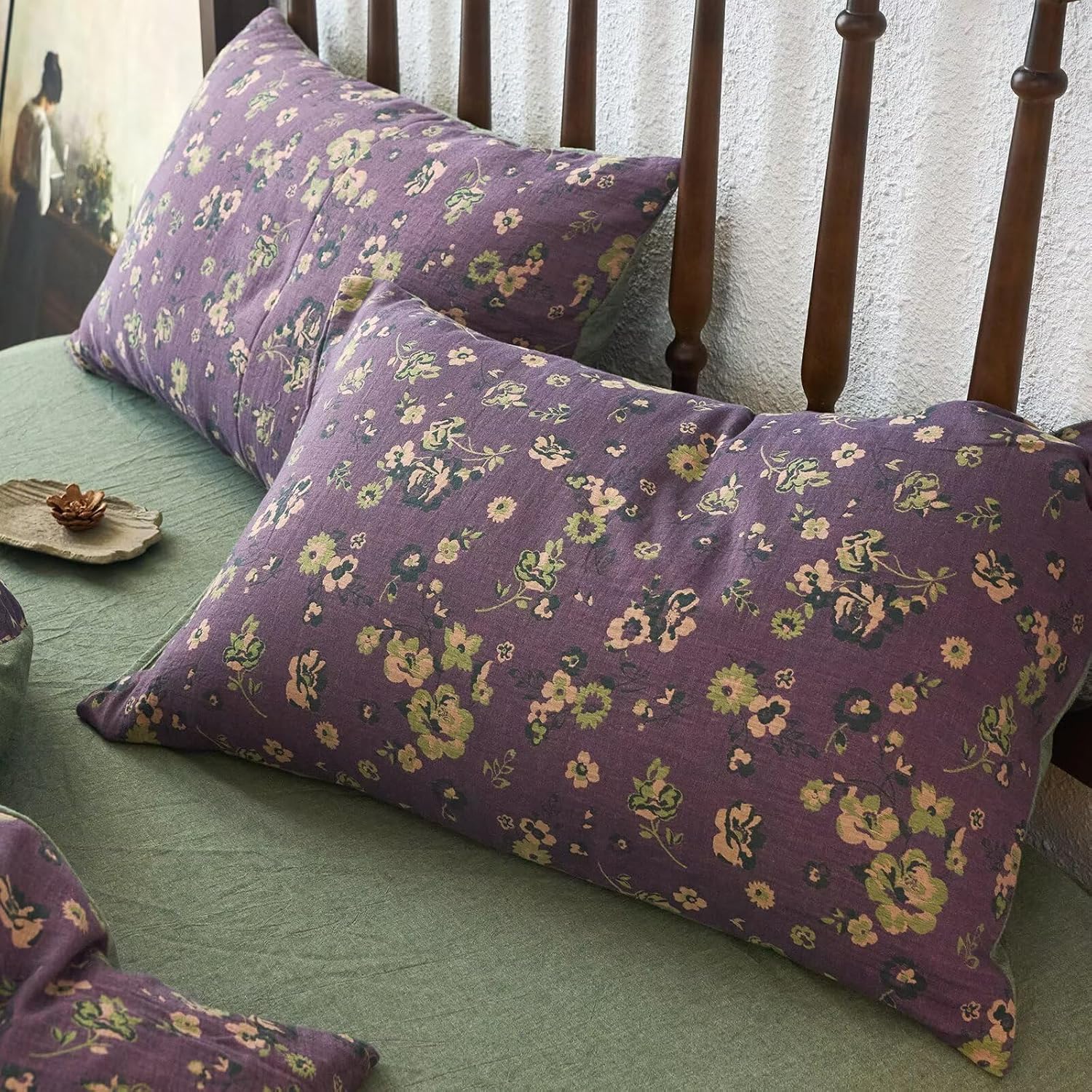 mixinni Vintage Floral Duvet Cover King Set - Purple & Green Reversible Jacquard, 100% Yarn-Dyed Double-Layer Cotton, Breathable Luxury Bed…