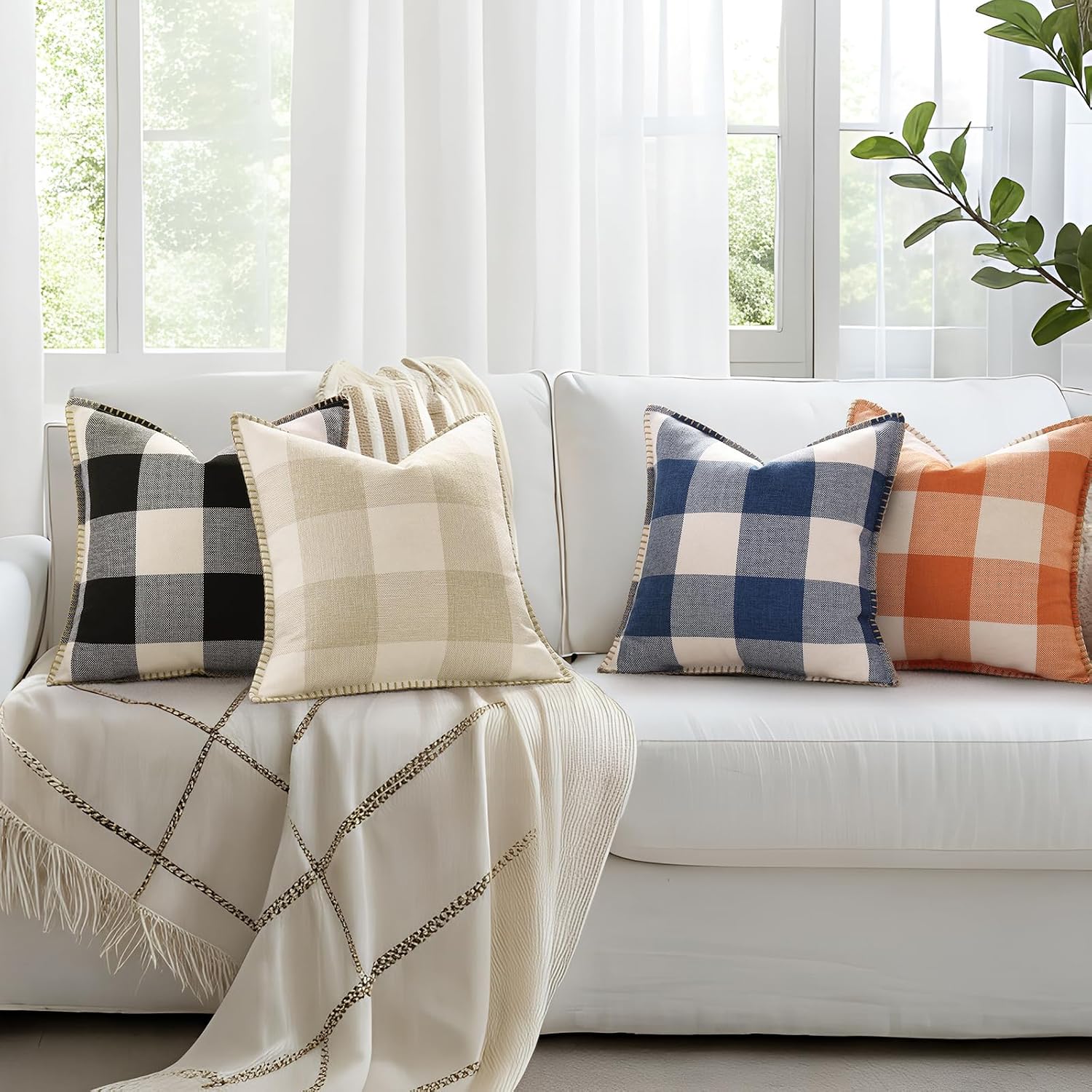 decorUhome Summer Buffalo Plaid Check Throw Pillow Covers 16x16 Set of 2 Outdoor Linen Decorative Farmhouse Gingham Pillow Covers with Stit…