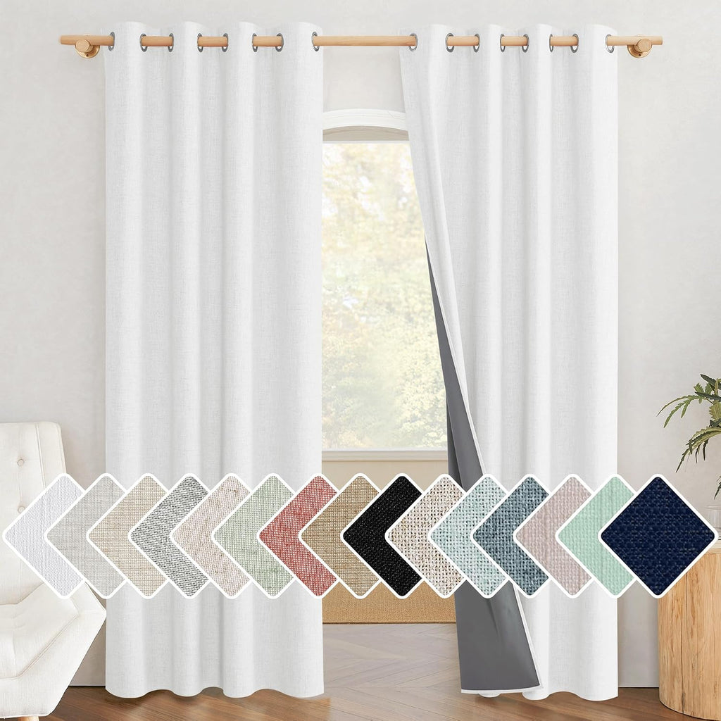 NICETOWN 100% Absolutely Blackout Linen Curtains with Thermal Insulated Liner, Greyish White, 52" Wide, 90" Length Energy Saving Curtains…