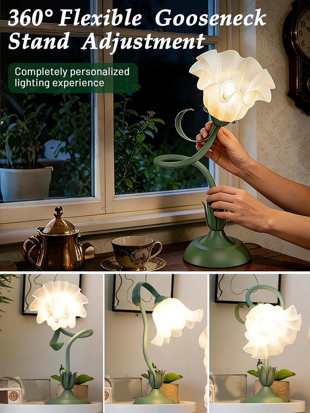 Bedside Table Lamp for Bedroom, Vintage Flower Table Lamps, LED Reading Light 3 Color Modes Bedside Lamps, Nightstand Lamp Kawaii Desk…