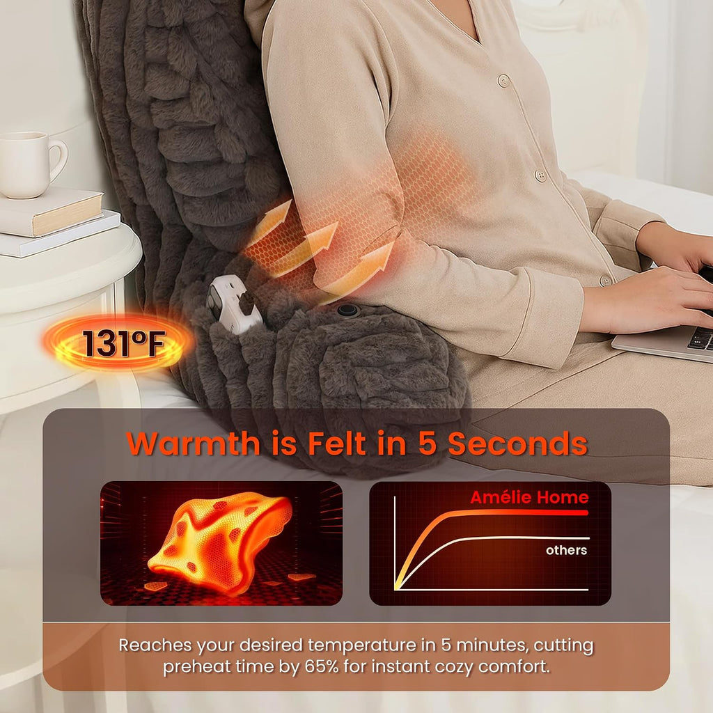 Amélie Home Heated Faux Fur Reading Pillow with Pocket - 3-Temperature Backrest for Sitting in Bed, USB-Powered(No Power Bank Included)…