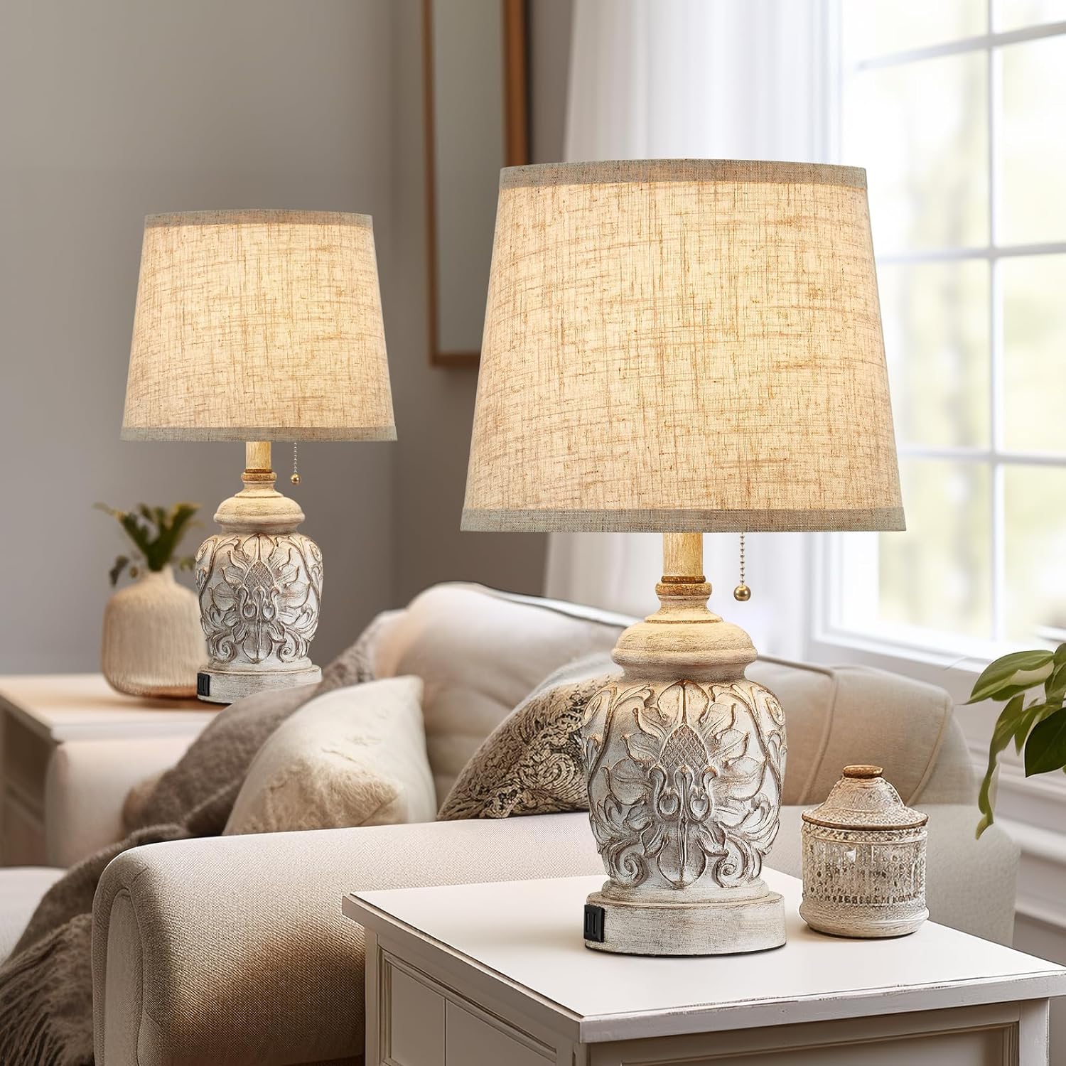 19.5" Vintage Rustic Table Lamp Set of 2 Farmhouse Table Lamps for Living Room Bedroom Decor with USB Ports Traditional Carved Floral…