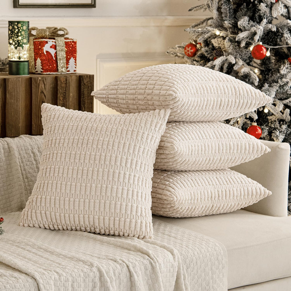 Miulee Pack of 4 Cream White Corduroy Christmas Decorative Throw Pillow Covers 18x18 Inch Soft Boho Striped Pillow Covers Modern Farmhouse…