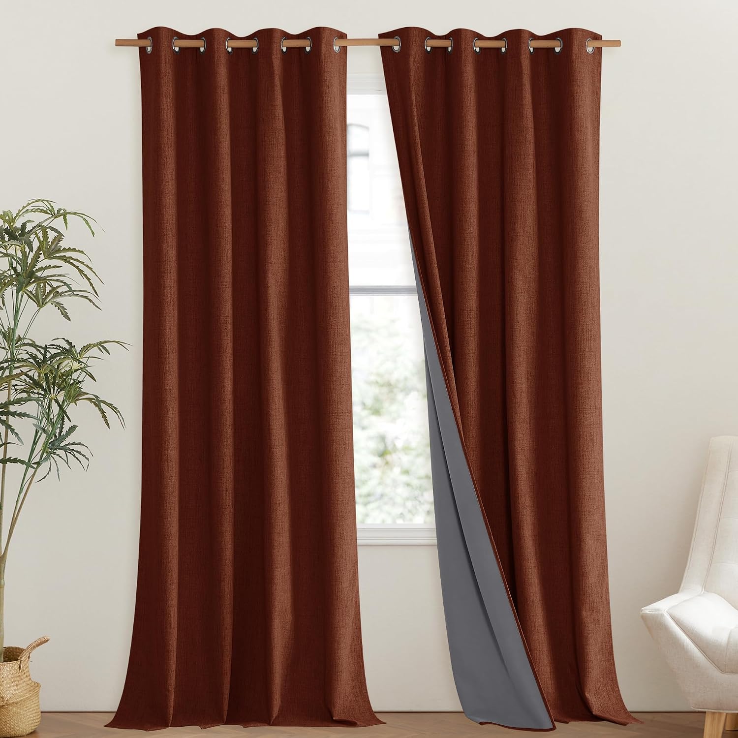 NICETOWN 100% Absolutely Blackout Linen Curtains with Thermal Insulated Liner, 52" Wide, 2 Panels, 120" Long Drapes, Grommet Retro Burnt…
