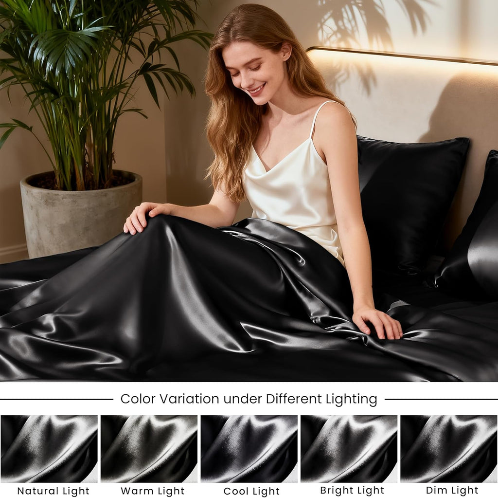 Lovescabin Love's cabin California King Satin Sheet Sets - 4 Piece Black Silky Sheets Bed Set with Deep Pocket, Luxury Silk Feel Satin Cal…