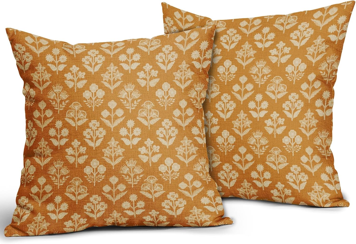 Mustard Yellow Floral Block Print Pillow Covers 18x18 Inch Set of 2, Vintage Flower Pattern Decorative Throw Pillowcases Outdoor…