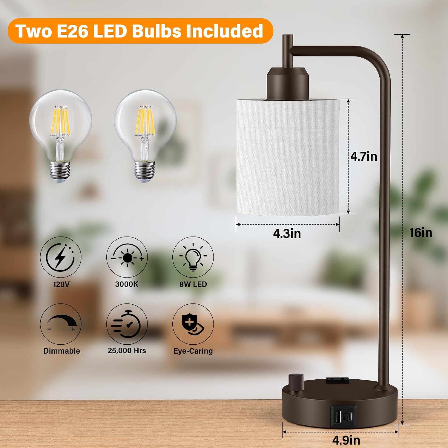 SIBRILLE Industrial Table Lamps with Linen Shade, Set of 2 Fully Dimmable Bedside Lamps with USB A+C Ports and Outlet, Brown Nightstand…