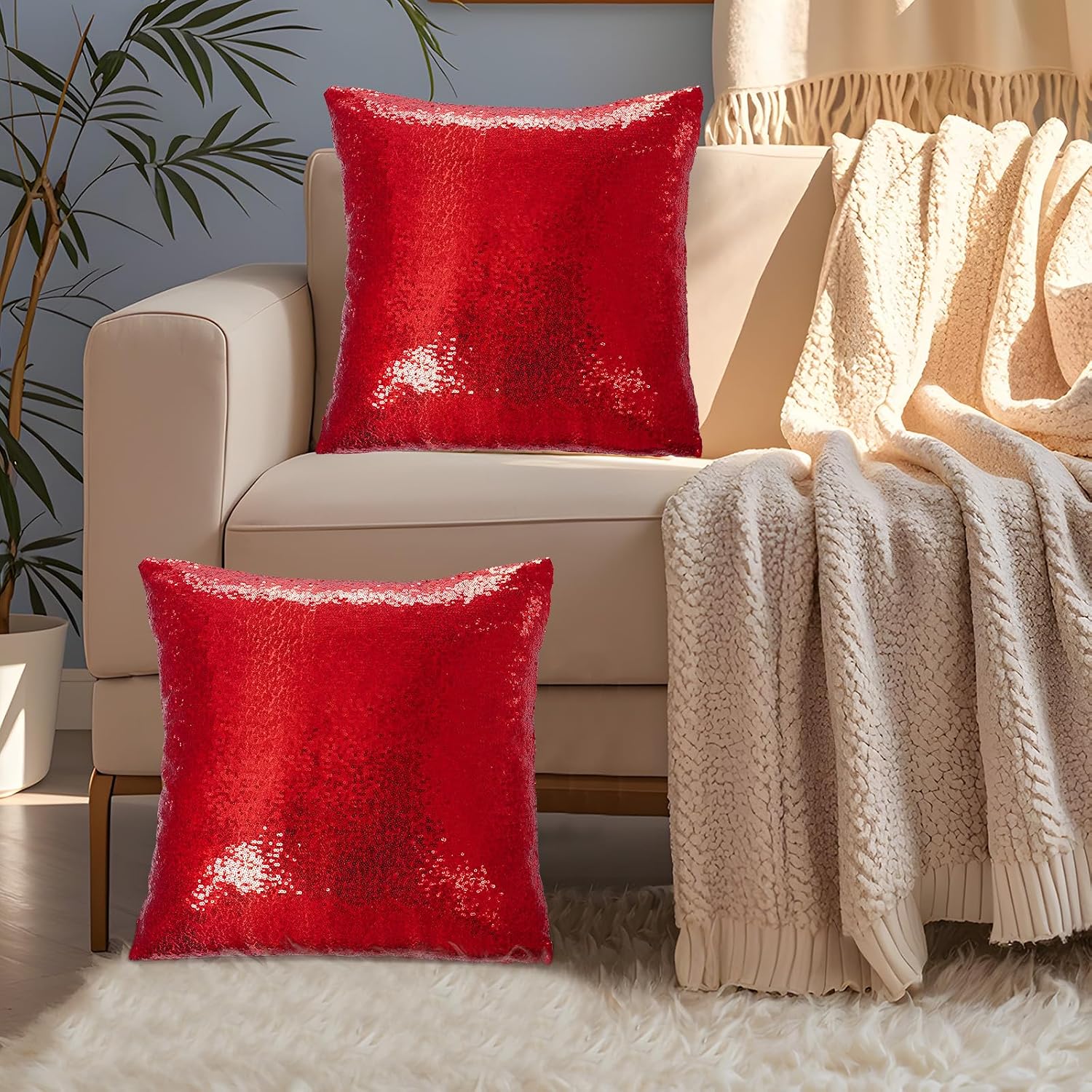 Eternal Beauty Set of 2 Sequin Decorative Pillow Cases Red Pillow Covers for Couch Sofa Throw Pillows 18 X 18 Inches