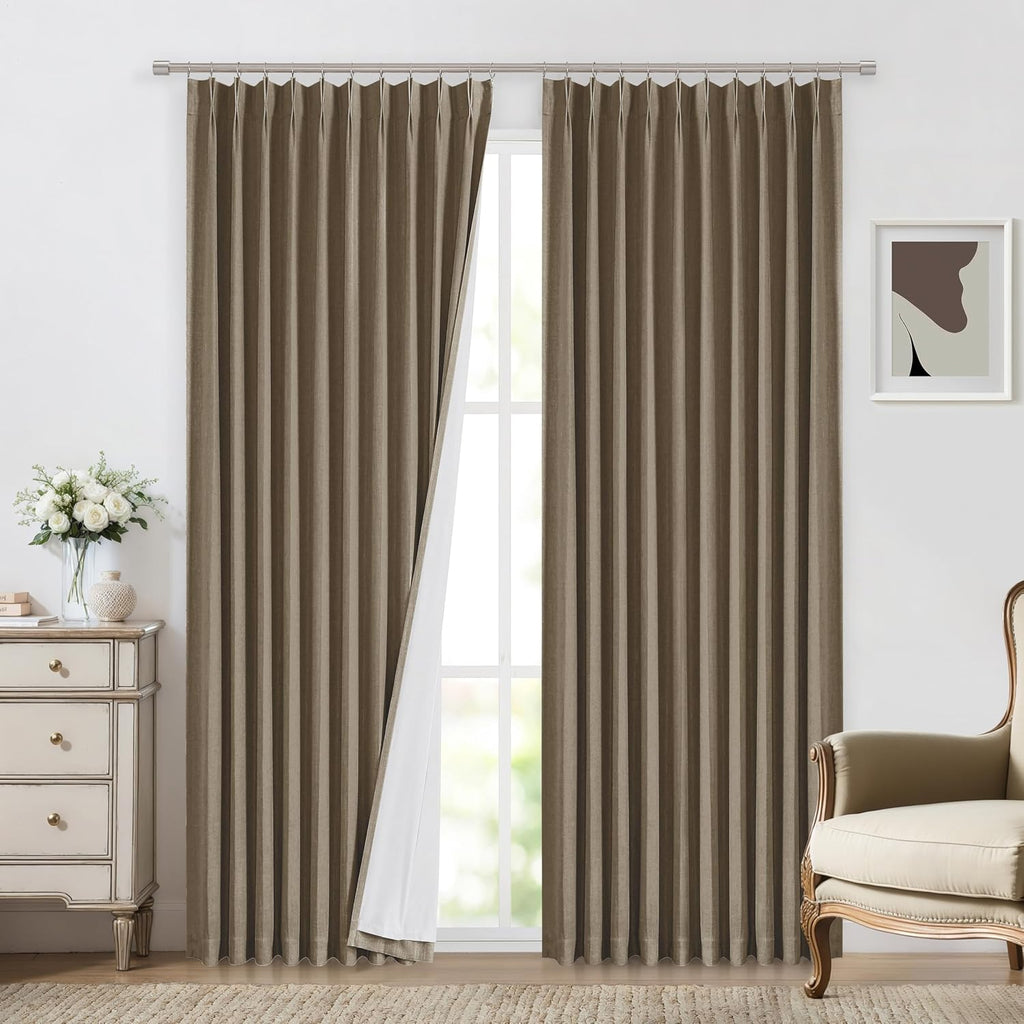 VisionHome Vision Home Brown Pinch Pleated Full Blackout Curtains Linen Blended 60" Wide Thermal Insulated Window Panels 112 inch for Bedro…