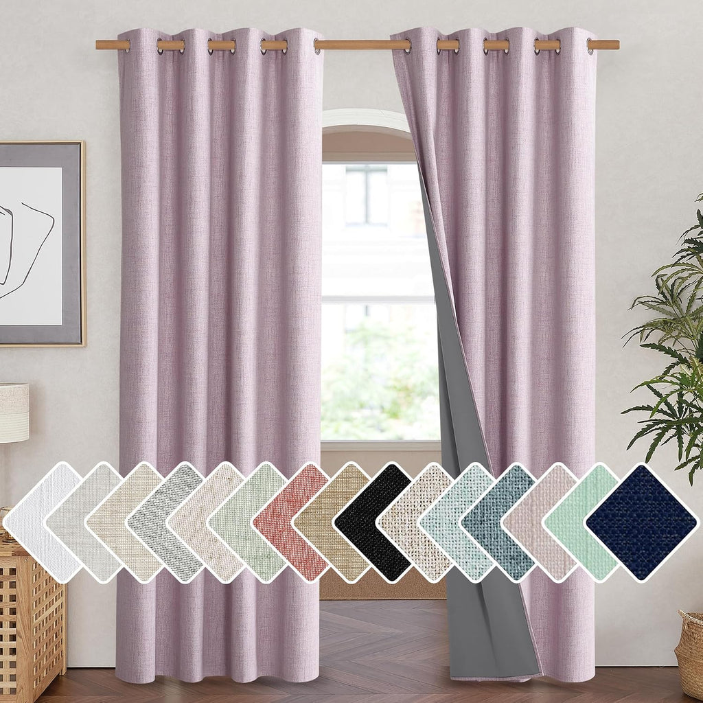 NICETOWN Pink Vintage Linen 100% Blackout Curtains for Living Room, Thermal Insulated Curtains 90" Long, Noise Reducing Window Treatment…