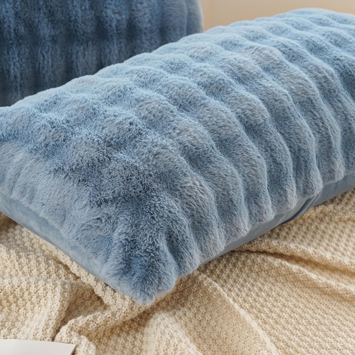 Uhamho Set of 2 Faux Fur Pillowcases, Luxury Bubble Waffle Carved Plush Standard Size Pillow Shams Soft and Furry, Zipper Closure (Dusty Bl…