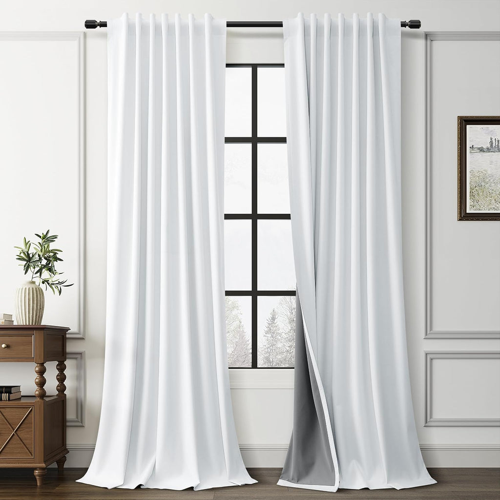 Guken White Linen 100% Blackout Curtains 90 Inch Length 2 Panels Set Modern Textured Back Tab Black Out Thermal Insulated Room Divider Soun…