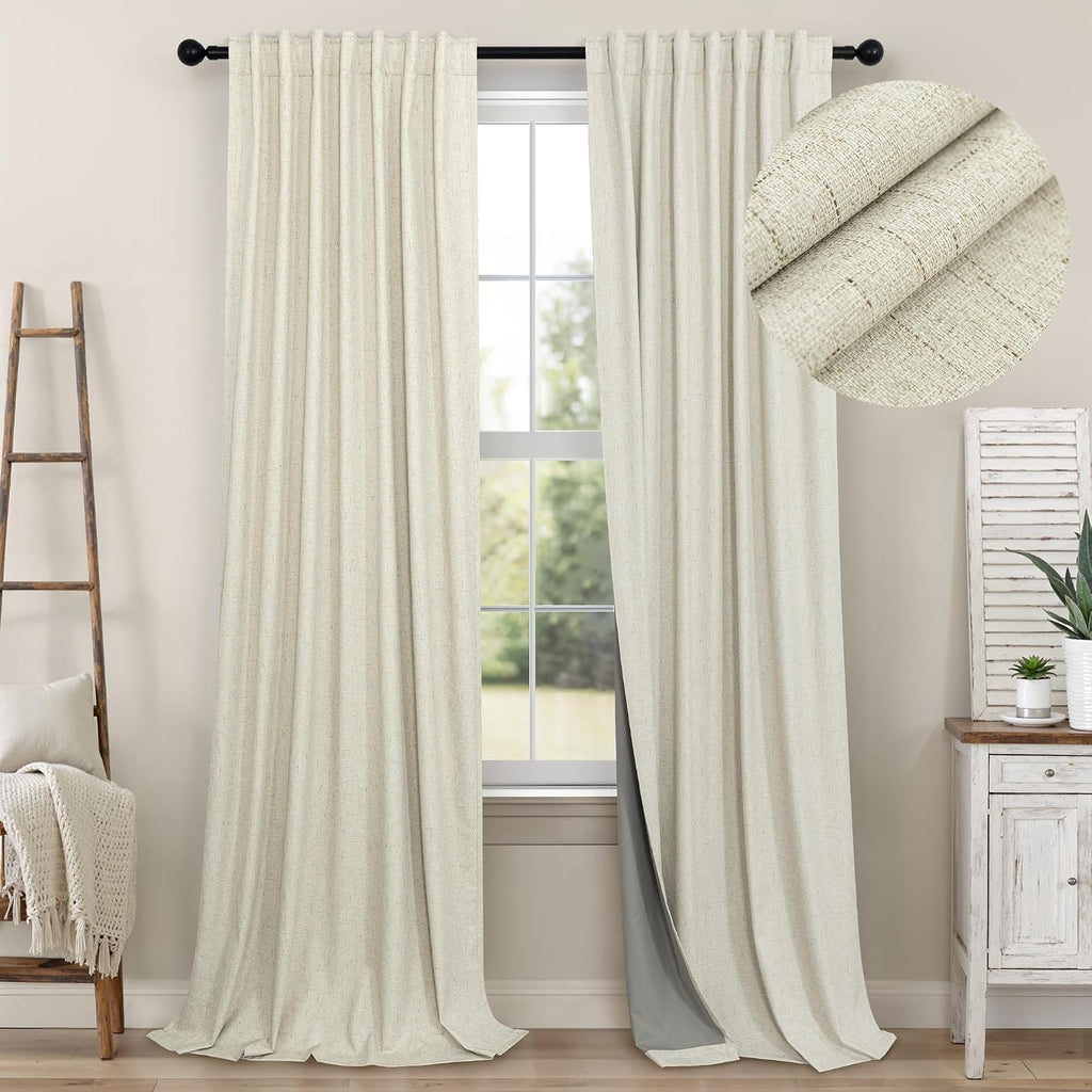 Pitalk Black Out 96 Inch Long Boho Curtains 2 Panel Set Farmhouse Curtain for Living Room Darkening Thermal Noise Reduction Textured Faux L…