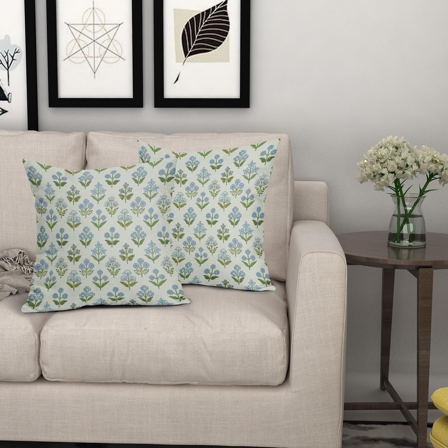 Blue Green Block Print Pillow Covers 24x24 Inch Set of 2, Vintage Floral Spring Decorative Throw Pillow Cases Boho Cushion Covers Rustic…