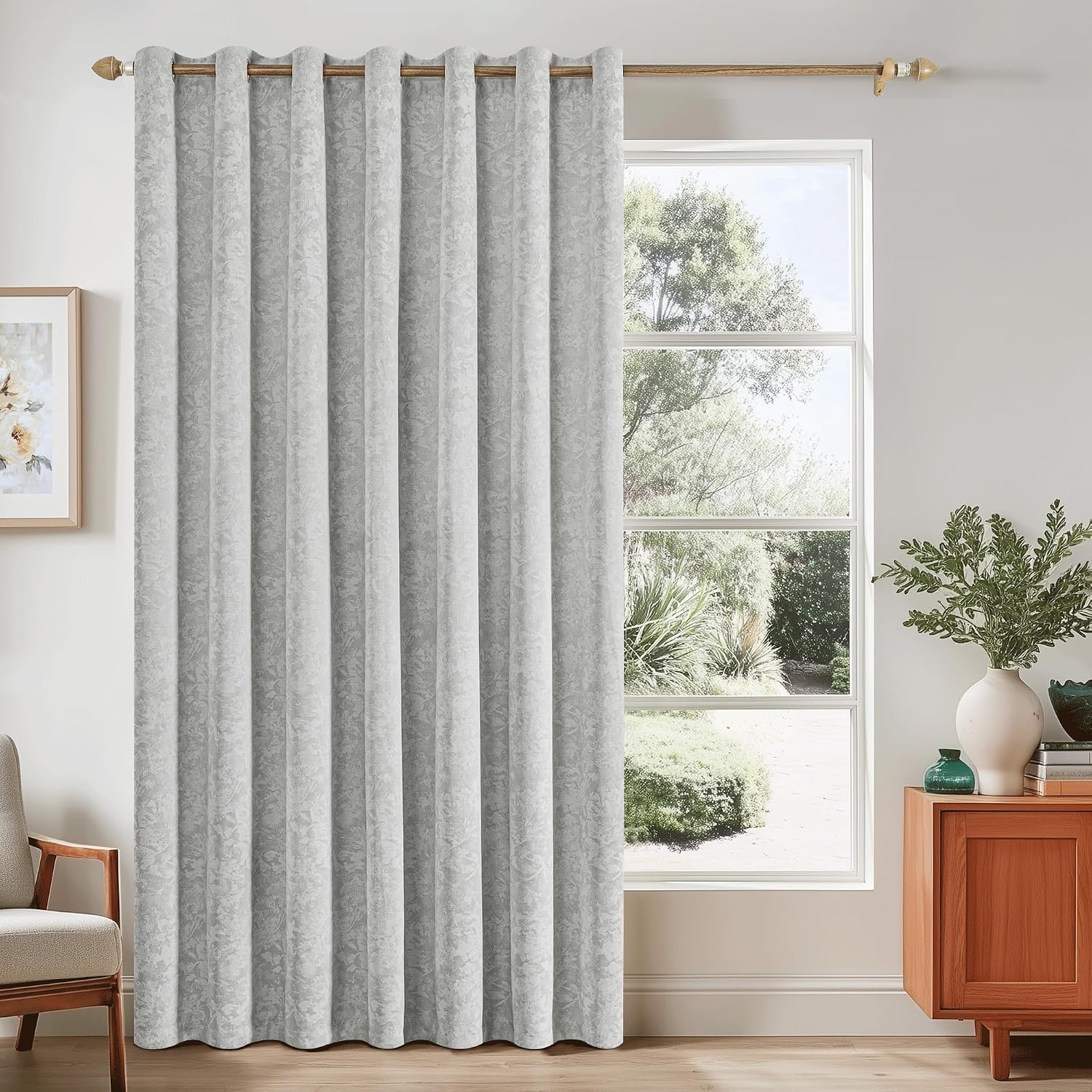 Beauoop Grey Floral Jacquard Blackout Curtains 84 Inches Long for Patio Sliding Door Extra Wide Chenille Flower Divider Room Darkening…