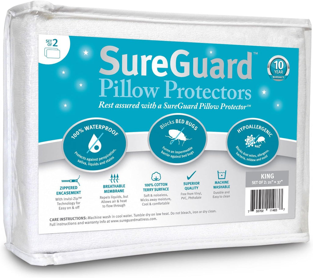 SureGuardMattressProtectors Set of 2 King Size SureGuard Pillow Protectors - 100% Waterproof, Bed Bug Proof, Hypoallergenic - Zippered Cott…