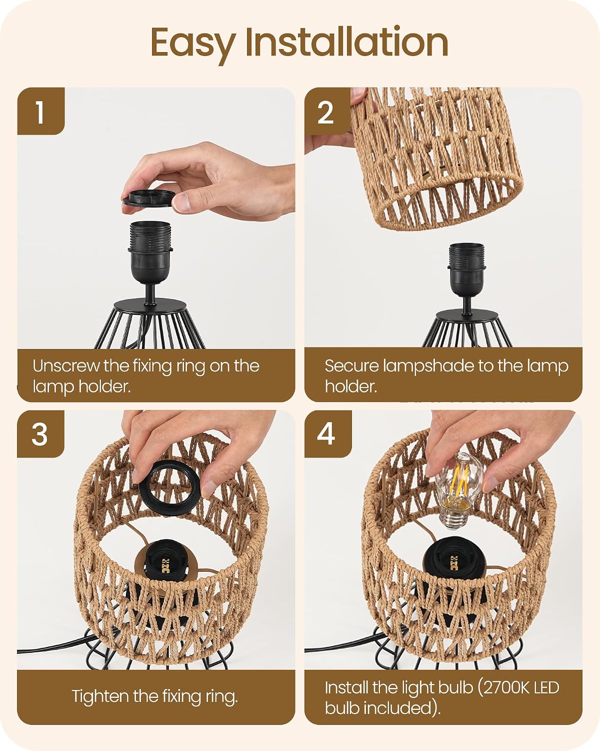 Rattan Table Lamp, Boho Table Lamp, Small Bedside Lamp, Handwoven Paper Lampshade, 2700K LED Bulb Included, Boho Desk Lamp, Modern…