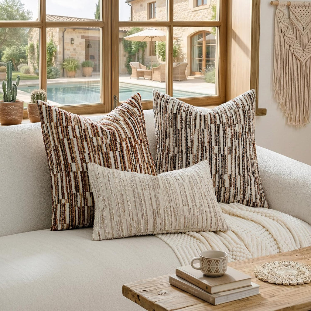 amoment a moment Boho Throw Pillow Covers Set of 2, Striped Decorative Rustic Farmhouse Pillow Cases, Aesthetic Modern Home Decor Couch Cushi…