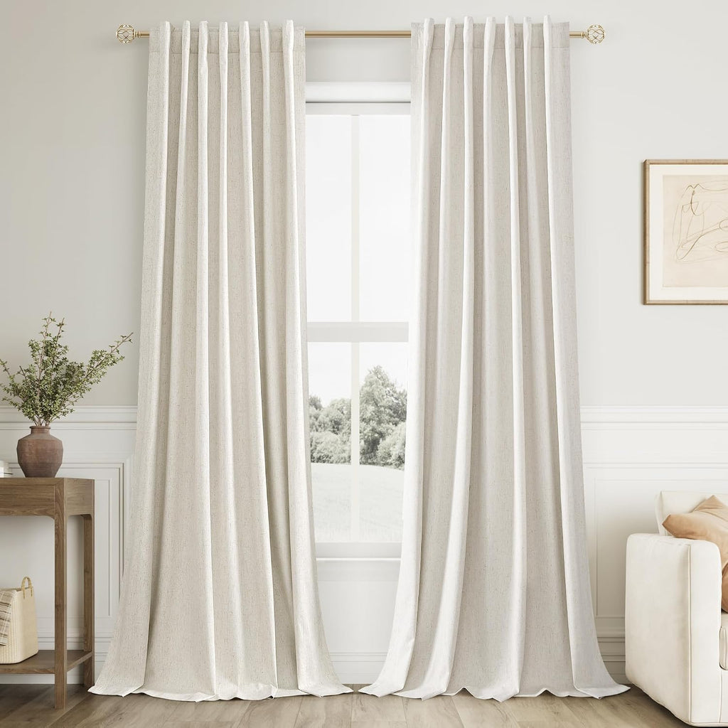 Guken Cream 100% Blackout Linen Curtains 100 Inch Length 2 Panels Set for Living Room Bedroom Back Tab Thermal Insulated Black Out Drapes R…