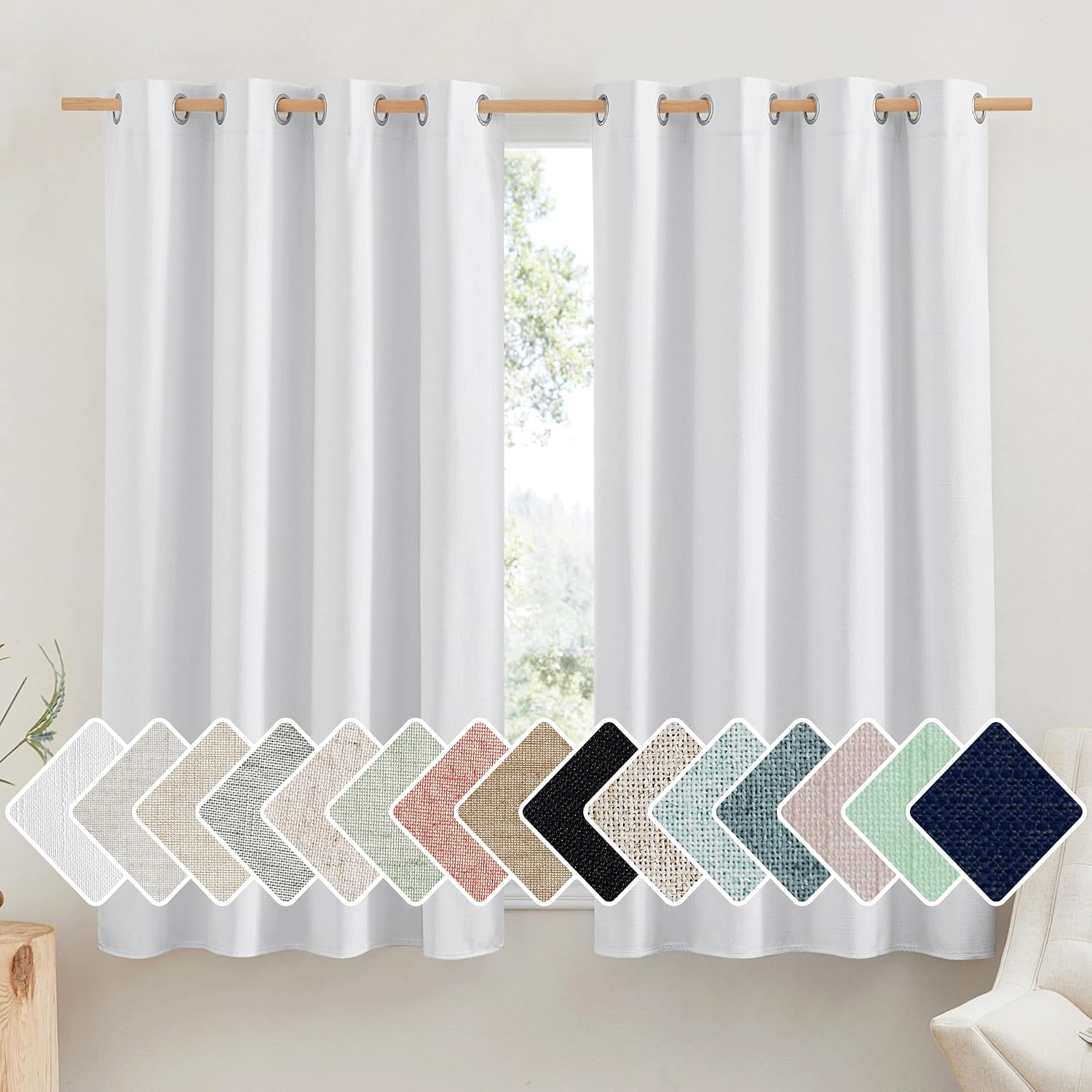 NICETOWN 100% Absolutely Blackout Linen Curtains with Thermal Insulated White Liner, White, 52 inches Wide, 48 inches Length Energy…