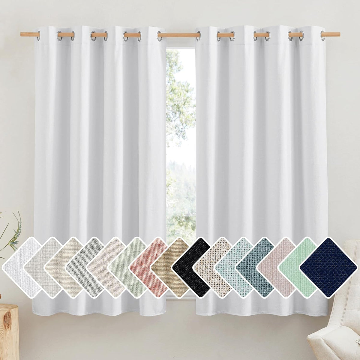 NICETOWN 100% Absolutely Blackout Linen Curtains with Thermal Insulated White Liner, White, 52 inches Wide, 45 inches Length Energy…