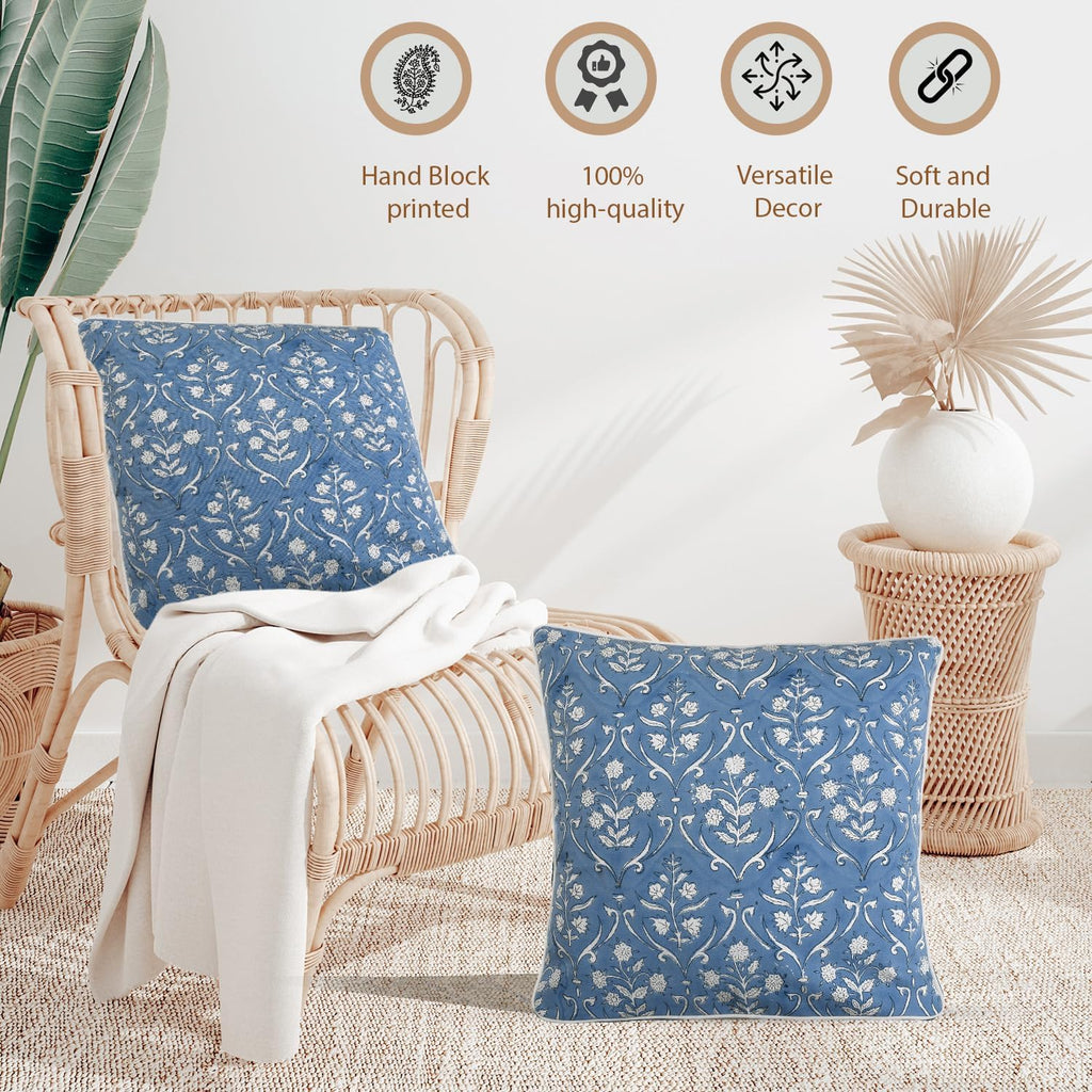 Ridhi Block Print Cornflower Blue Pillow Cover 24" x 24" (Pack of 2) Decorative Couch Pillows for Living Room, Chic Boho Cute Outdoor Pillo…
